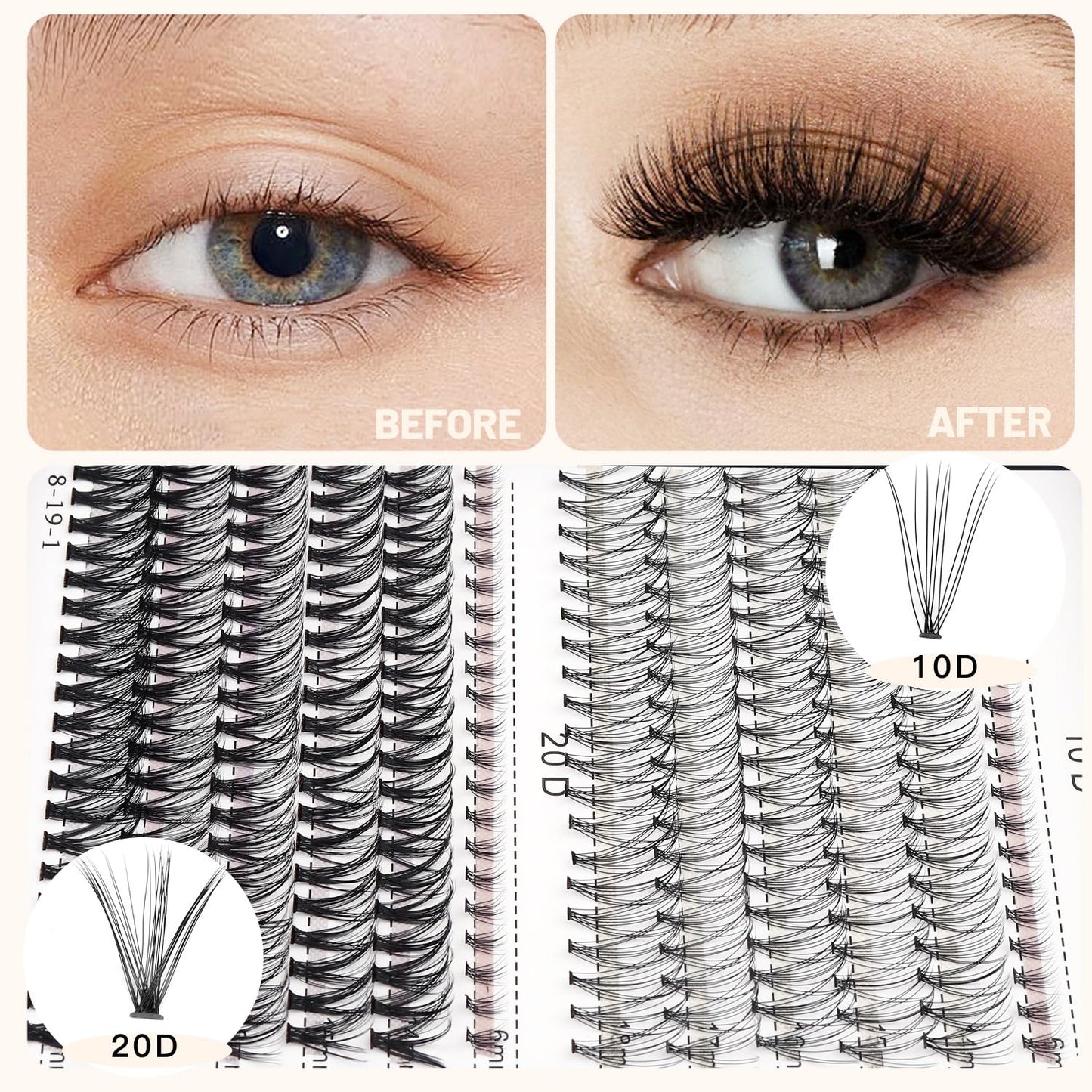 Bodermincer False Eyelash, 240pcs C Curl 10D/20D Cluster, Mixed 14/15/16/17/18mm and Under Eyelashes, Individual, Black, Biodegradable