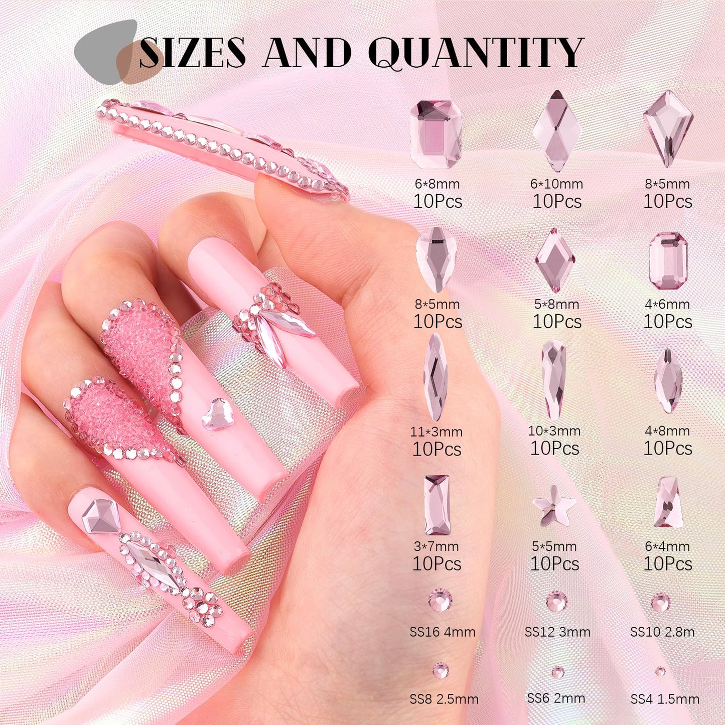 3220Pcs Pink Glass Nail Rhinestones 120Pcs Multi Shapes Flatback Gems Crystal + 3100Pcs 1.5-4mm Round Beads, Manicure Diomand Jewelry Gemstones for Nail Design Makeup Acrylic Nails Decoration