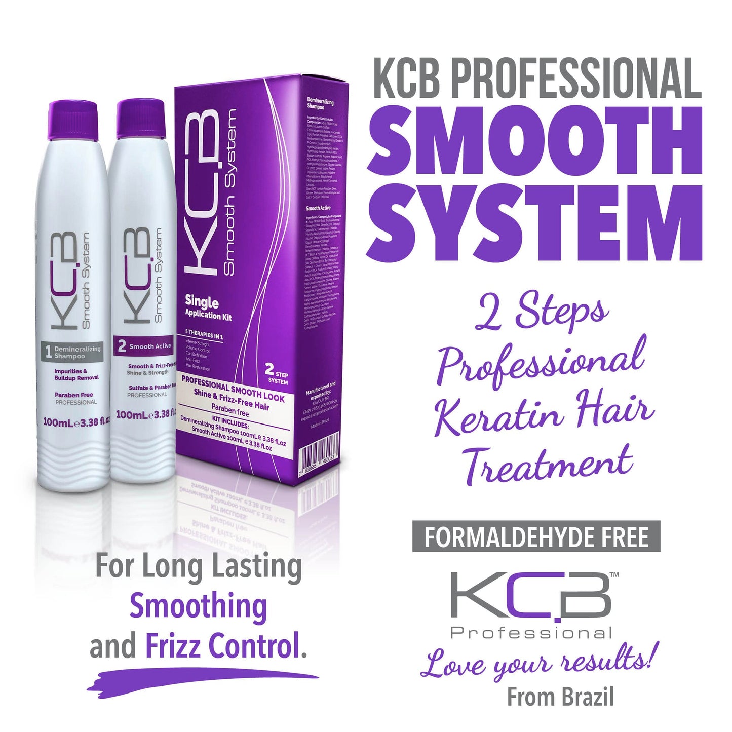 KCB Professional Smooth System, 2 Steps Brazilian Keratin Hair Treatment for Smoothing and Hair Frizz Control, Complex Blowout, Straightening, All Hair Types, Formaldehyde Free, 3.38 Fl oz / 100ml Kit