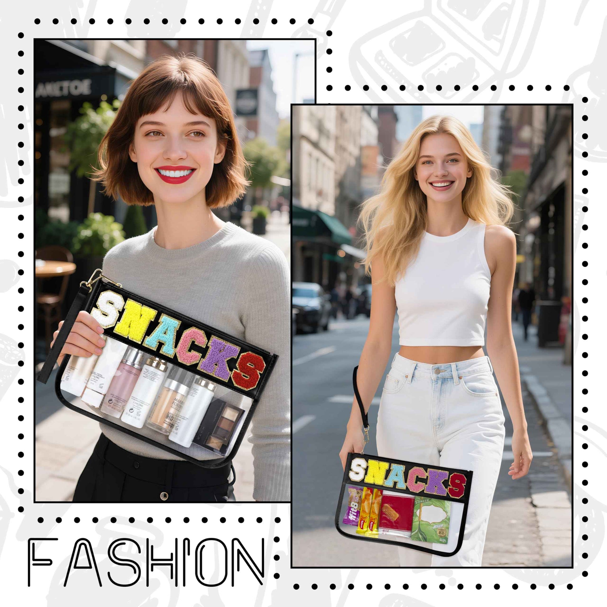 WOPIPAL Snack Bag for Travel & Makeup - Clear Chenille Letter Zipper Pouch, Waterproof Cosmetic Tote Bag for Women & Girls (Black)