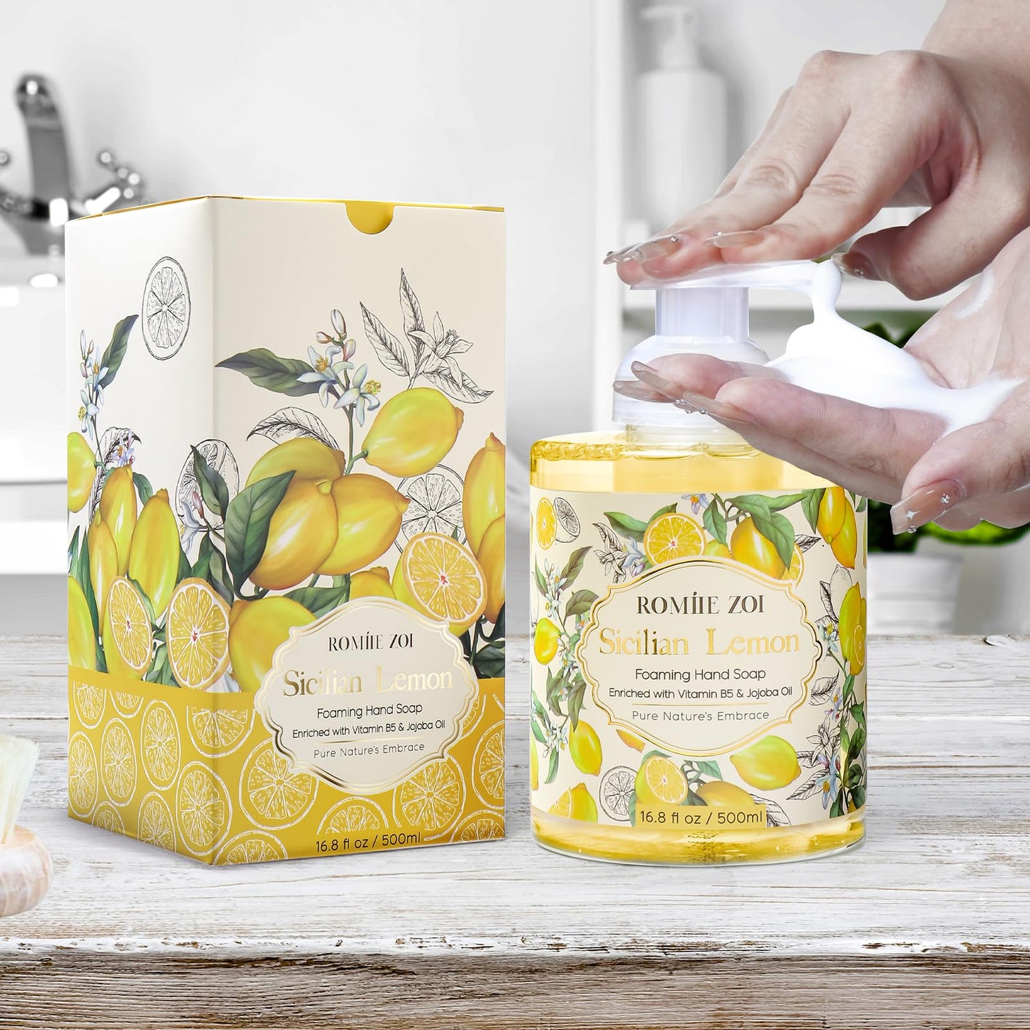 ROMIIE ZOI Foaming Hand Soap with Gift Box- Sicilian Lemon - Biodegradable Formula Moisture & Revitalize - 500ml/ 16.8oz