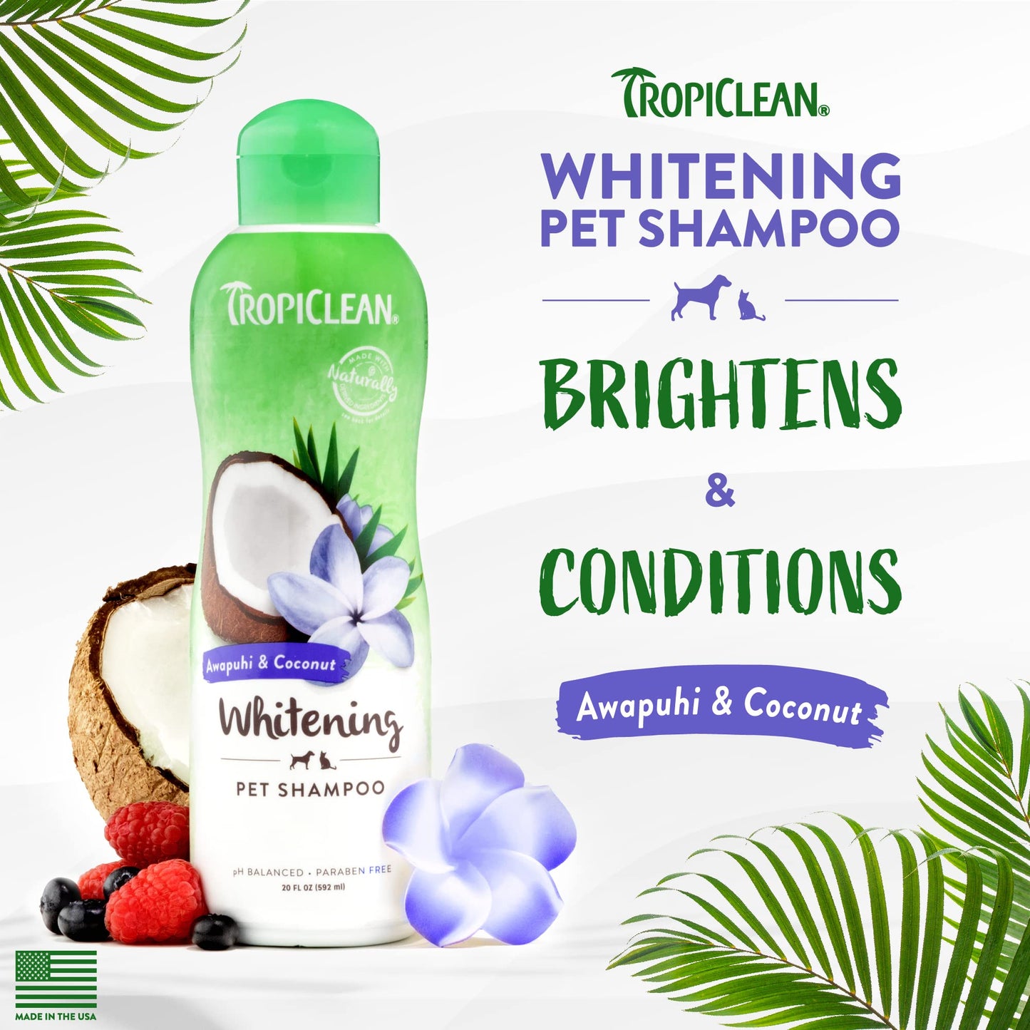 TropiClean Awapuhi Coconut Whitening Dog Shampoo for White Coats & All Coat Types | Natural Pet Shampoo Derived from Natural Ingredients | Cat Friendly | Made in the USA | 20 oz.