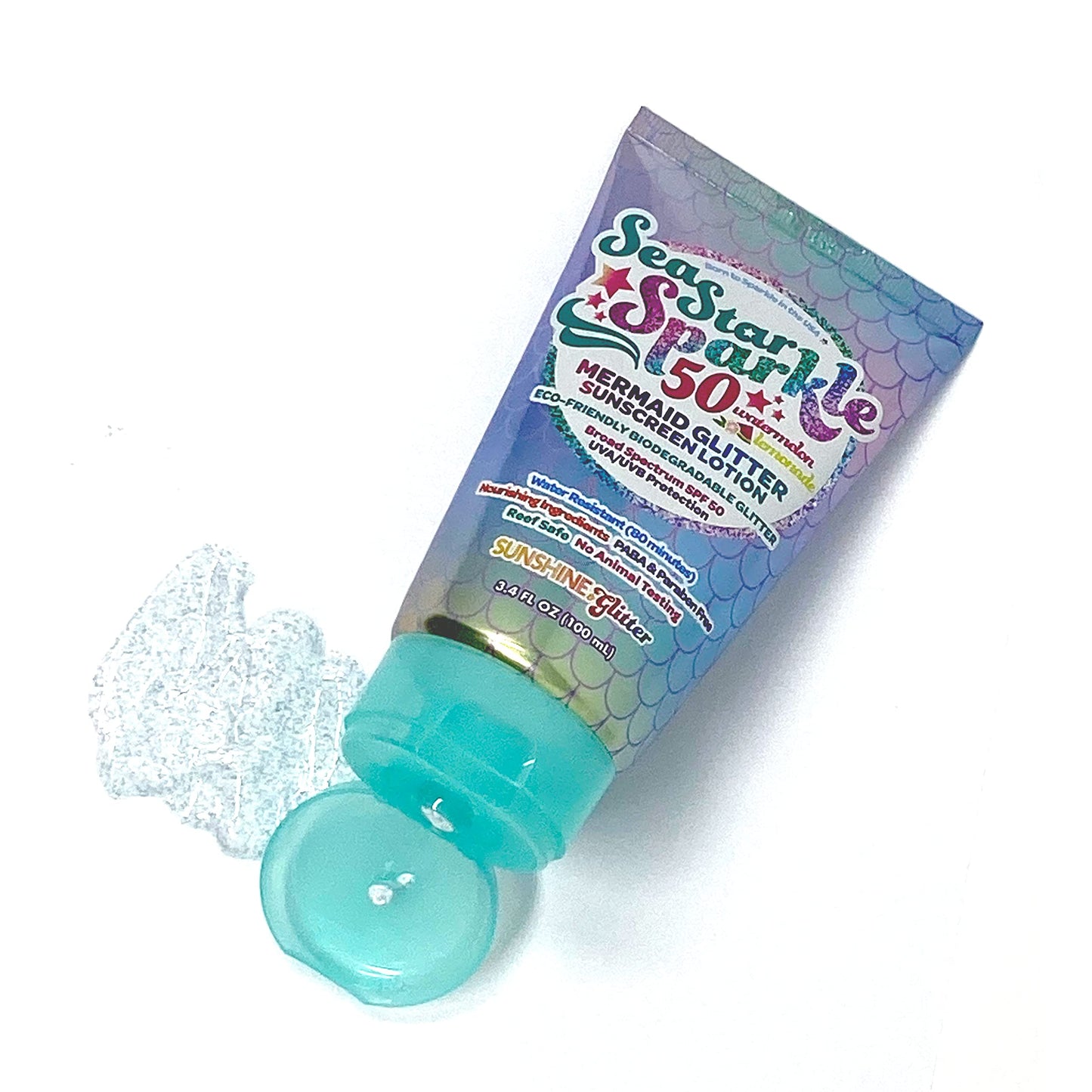 Seastar Sparkle - Mermaid Watermelon Lemonade Scented Glitter Sunscreen - SPF 50 - Biodegradable Sunscreen, Water Resistant, Glitter lotion, Cruelty Free, Kids Lotion, Made in USA, 3.4oz