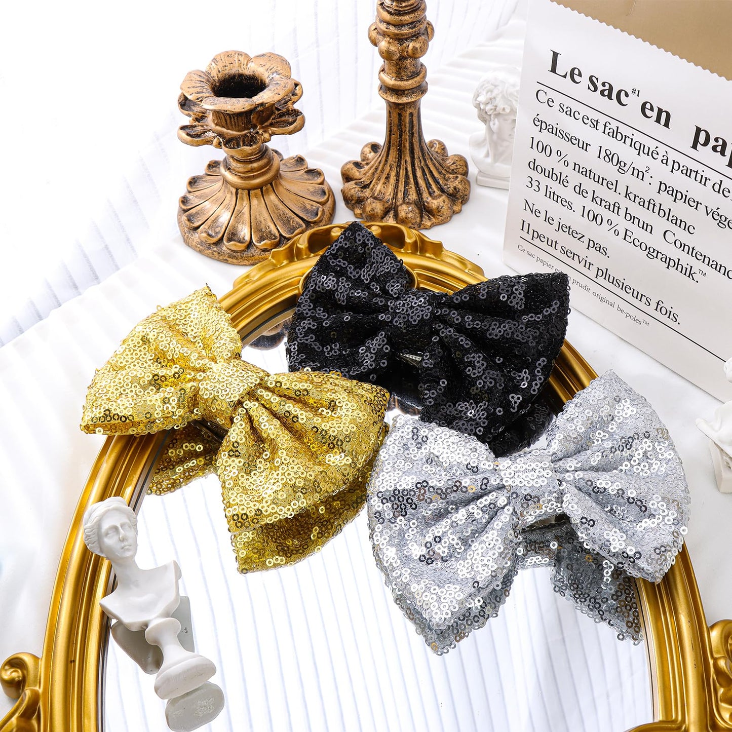 Lanmerry Bling Hair Bows for Girls 5 inch Large Sparkly Glitter Sequin Bows Alligator Hair Clips for Baby Toddlers Kids Hair Accessories Children Teen Black Gold Sliver