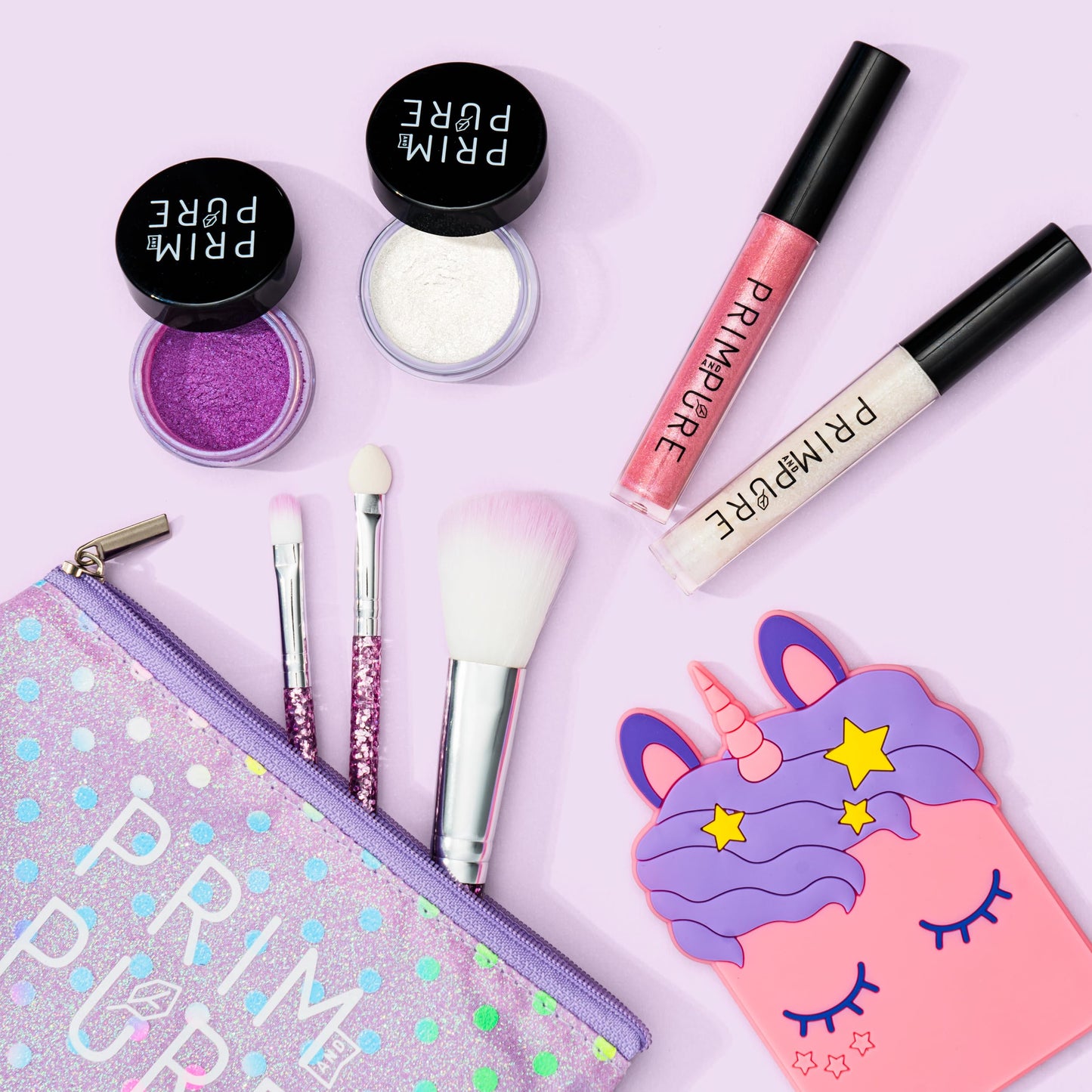 Prim and Pure Mineral Gift Set with Unicorn Mirror| Perfect for Play Dates & Birthday Parties | Kids Eyeshadow Makeup – Mineral | Organic & Natural Makeup Kit for Kids| Made in USA (Purple)