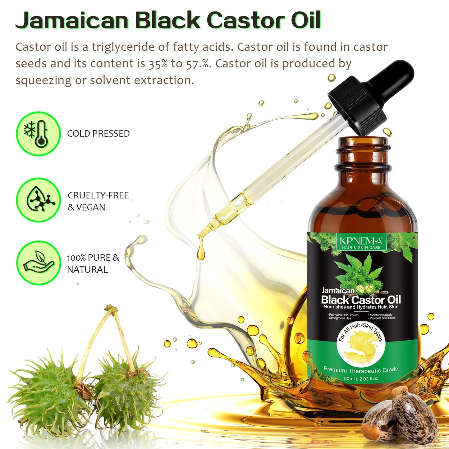 KPNEMA Jamaican Black Castor Oil for Hair Growth, Multipurpose Black Jamaican Castor Oil for Hair and Skin, Anti Breakage,Anti Split Hair,Organic Black Castor Oil(2.02 Fl Oz)