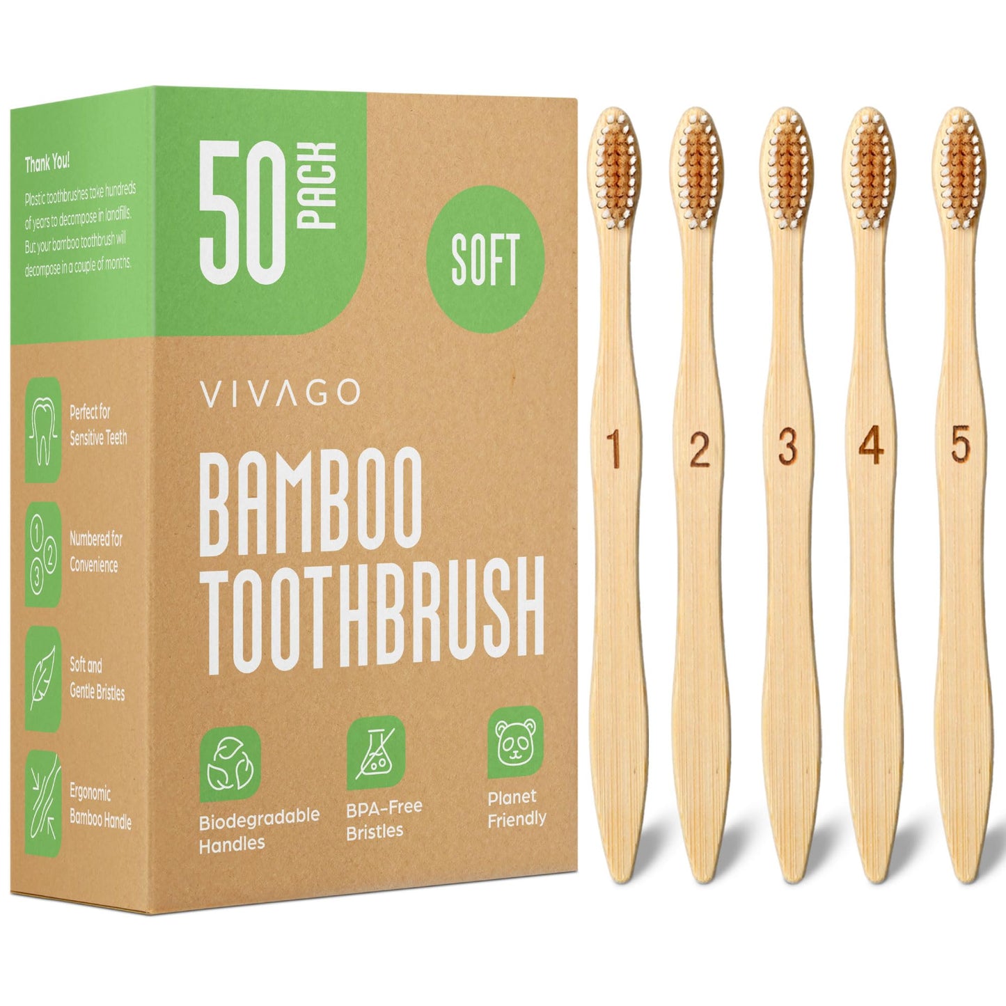 VIVAGO Biodegradable Bamboo Toothbrushes Bulk Soft Bristles (50 Pack) - Eco-Friendly, Compostable Natural Wooden Bulk Toothbrush