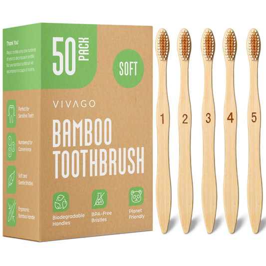 VIVAGO Biodegradable Bamboo Toothbrushes Bulk Soft Bristles (50 Pack) - Eco-Friendly, Compostable Natural Wooden Bulk Toothbrush