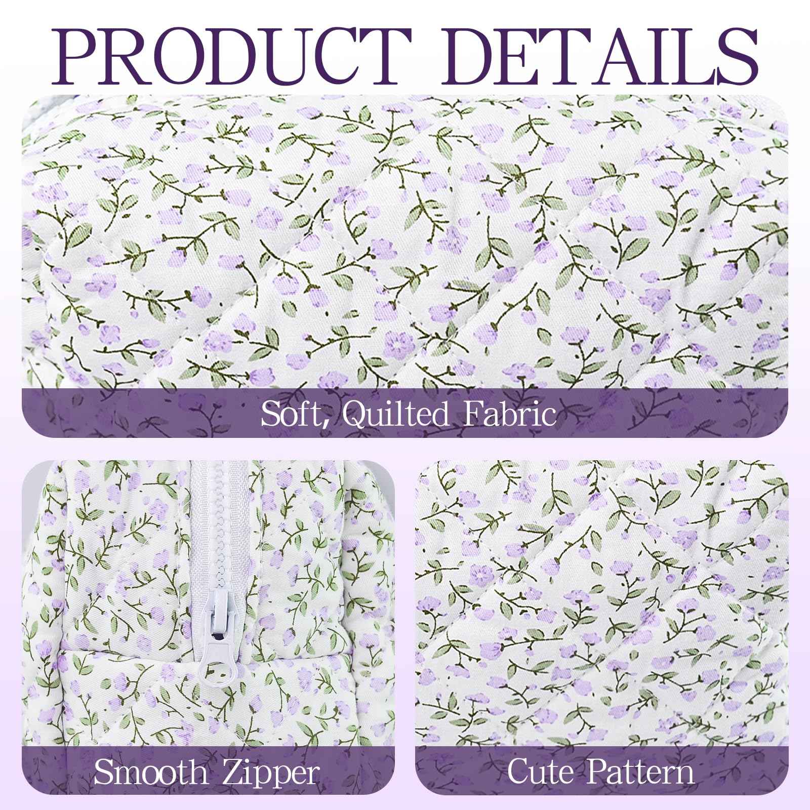 Quilted Makeup Bag Floral Cotton Make up Bag Puffy Coquette Makeup pouch Aesthetic Cute Travel Toiletry Bag for Women Girls