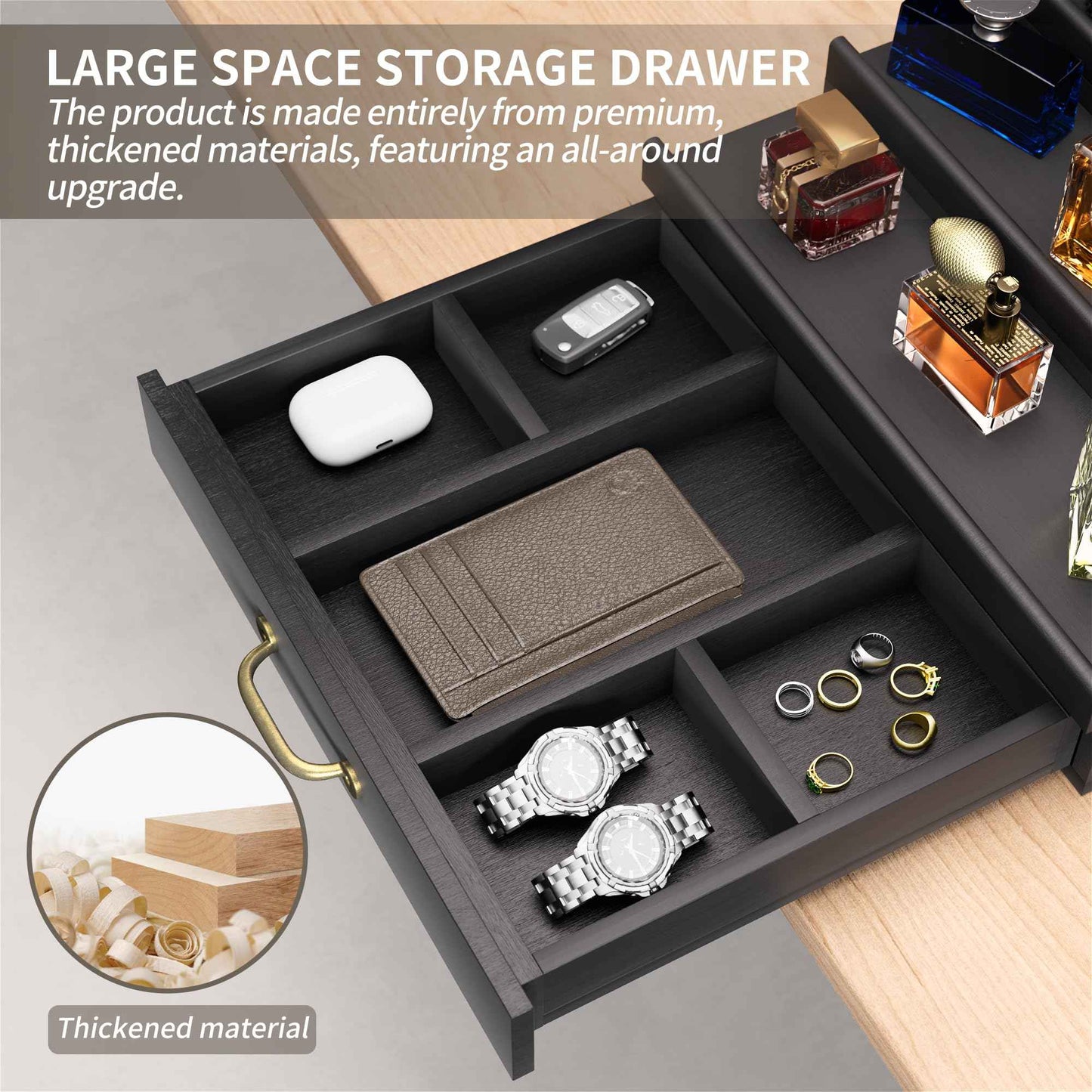 YIKIBOX Cologne Organizer for Men,Wooden Perfume Organizer with Hidden Compartment and Drawer,Cologne Stand and Storage Display Risers for Dresser,Great Gift for Men/Friend(Black)