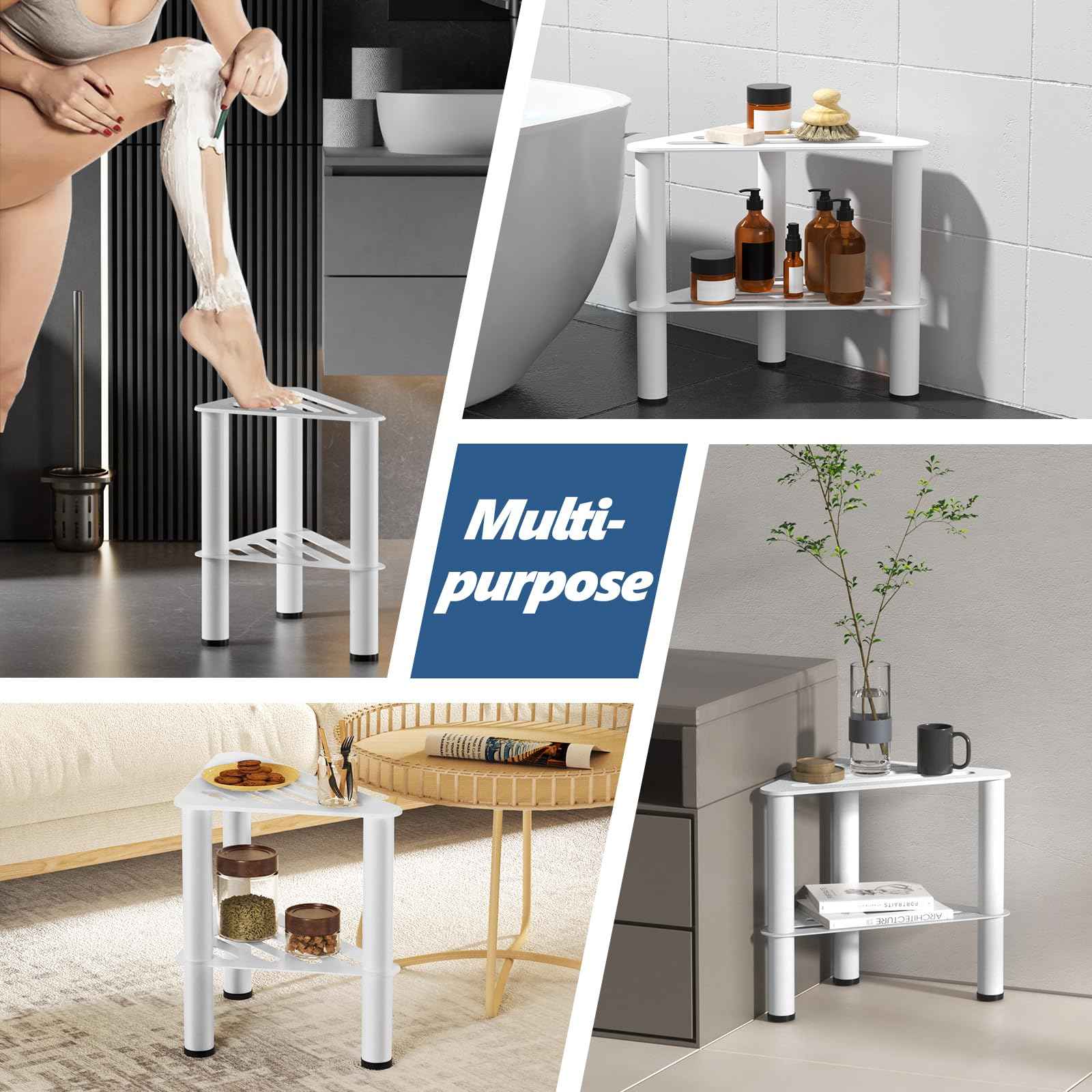 WINSTECK Upgraded Rust-Proof Metal Corner Shower Foot Stool for Shaving Legs, Shower Foot Rest Bench for Inside Shower with Storage Shelf, Small Step Stools, Non-Slip Bath Stool (White)