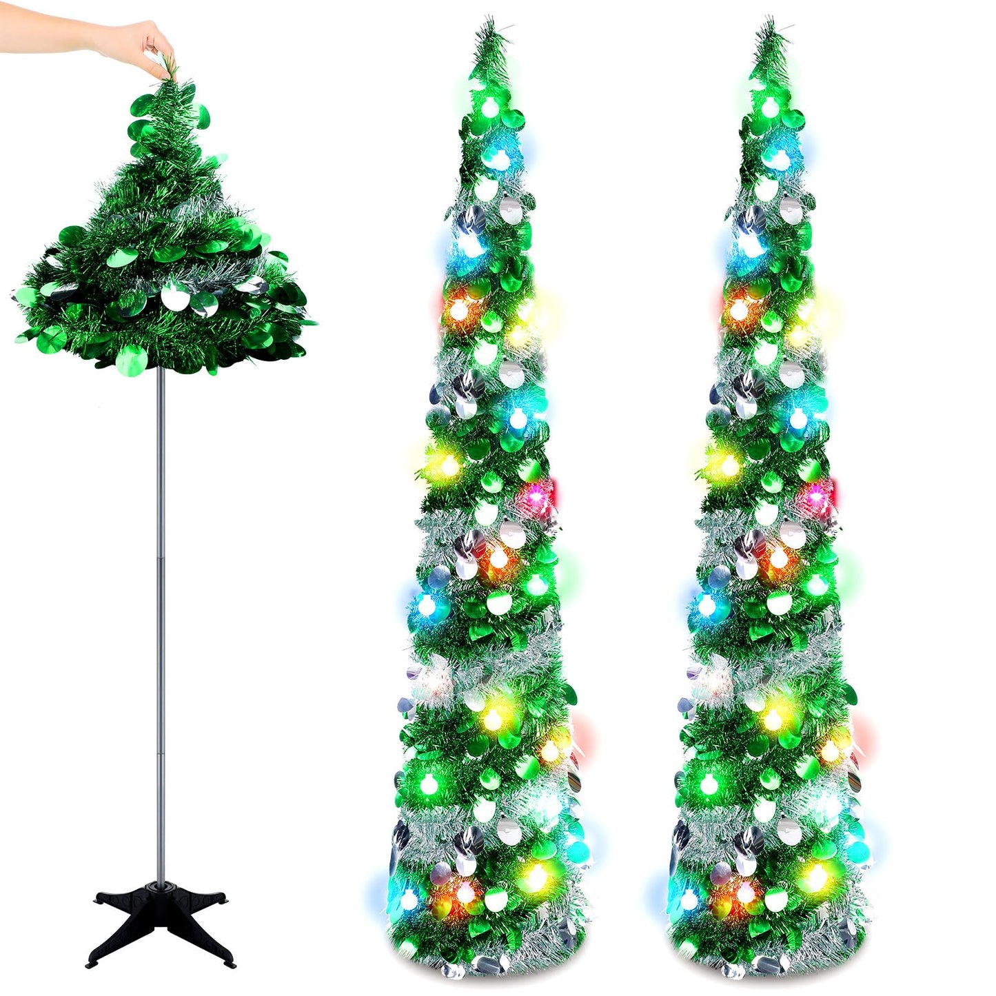 Sosation 2 Pcs 5 ft Pop up Christmas Tree Light Green Tinsel Skinny Pencil Tree with String LED Artificial Sequin Slim Collapsible Coastal Tree for Holiday Xmas Fireplace Indoor Outdoor Decorations