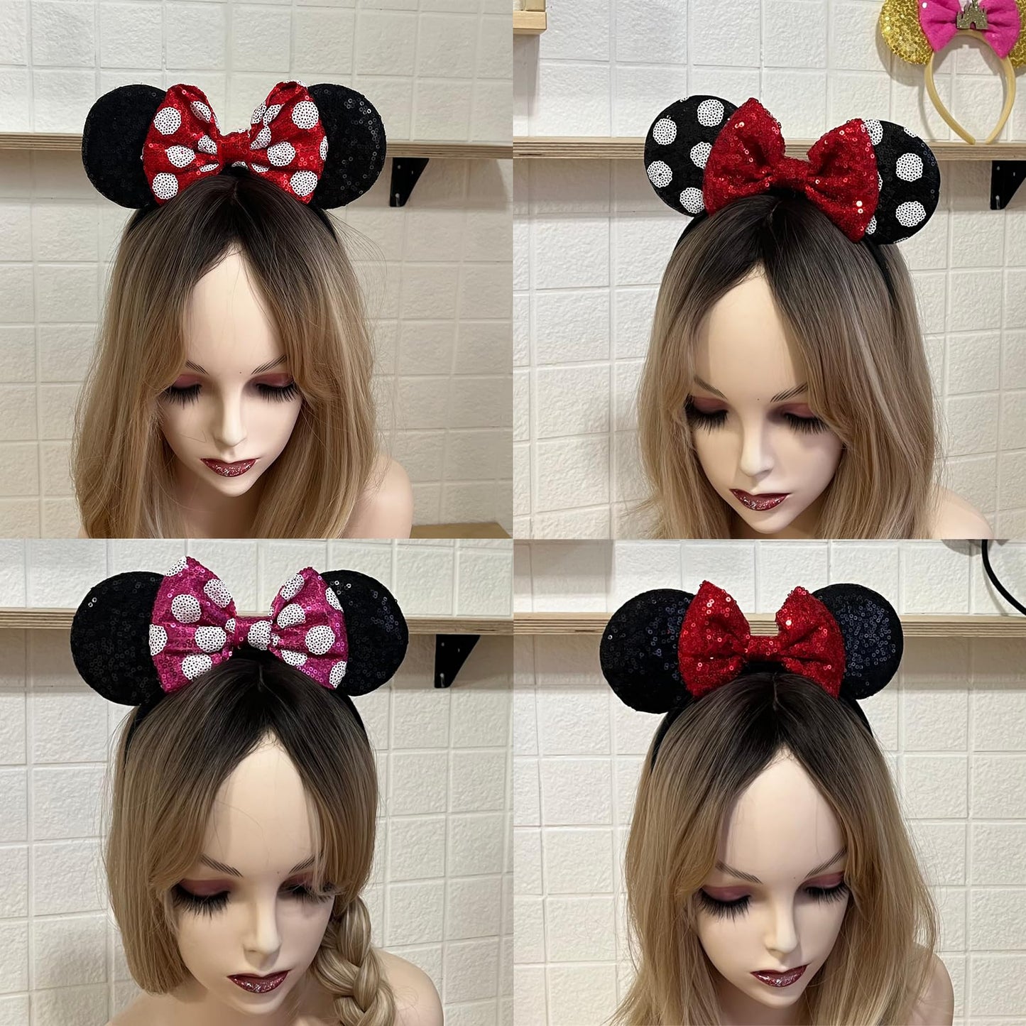 ASAHEL Mouse Ears Headbands Fashion Shiny Bows Mice Ears Birthday Parties Themed Events (Red 2, Onesize)