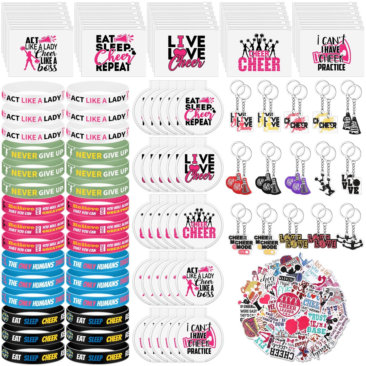 Huquary 121 Pcs Cheerleader Gifts Kit 30 Zipper Portable Cheer Makeup Bag 30 Cheer Keychain 30 Cheer Wristband 30 Cheer Mirror 1 Bag Waterproof Cheer Stickers for Women Girls Cheerleader Teammates