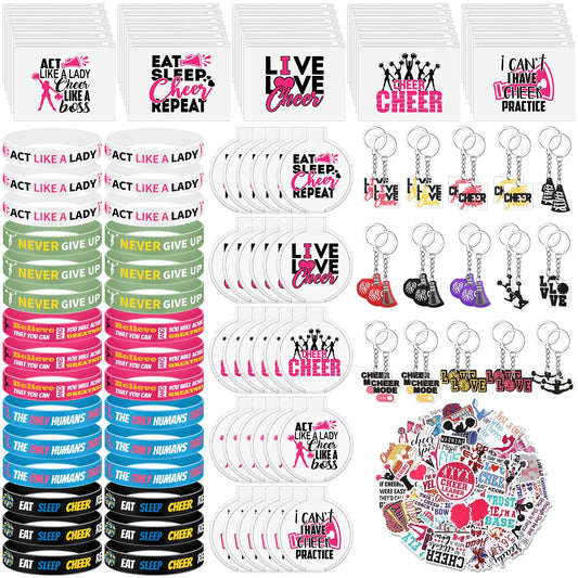 Huquary 121 Pcs Cheerleader Gifts Kit 30 Zipper Portable Cheer Makeup Bag 30 Cheer Keychain 30 Cheer Wristband 30 Cheer Mirror 1 Bag Waterproof Cheer Stickers for Women Girls Cheerleader Teammates