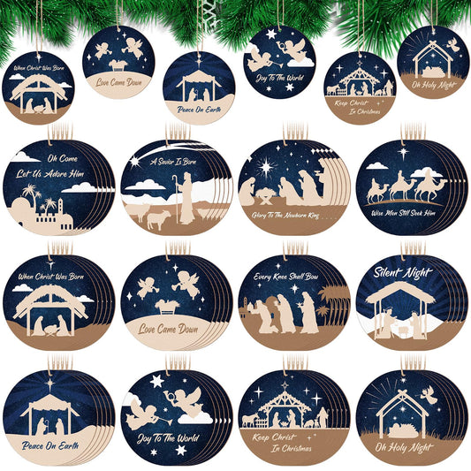 Soaoo 60 Pcs Nativity Scene Christmas Tree Ornament Christian Religious Ornaments Bulk Round Nativity Xmas Tree Hanging Wooden Decorations for Garden Yard Outdoor Home