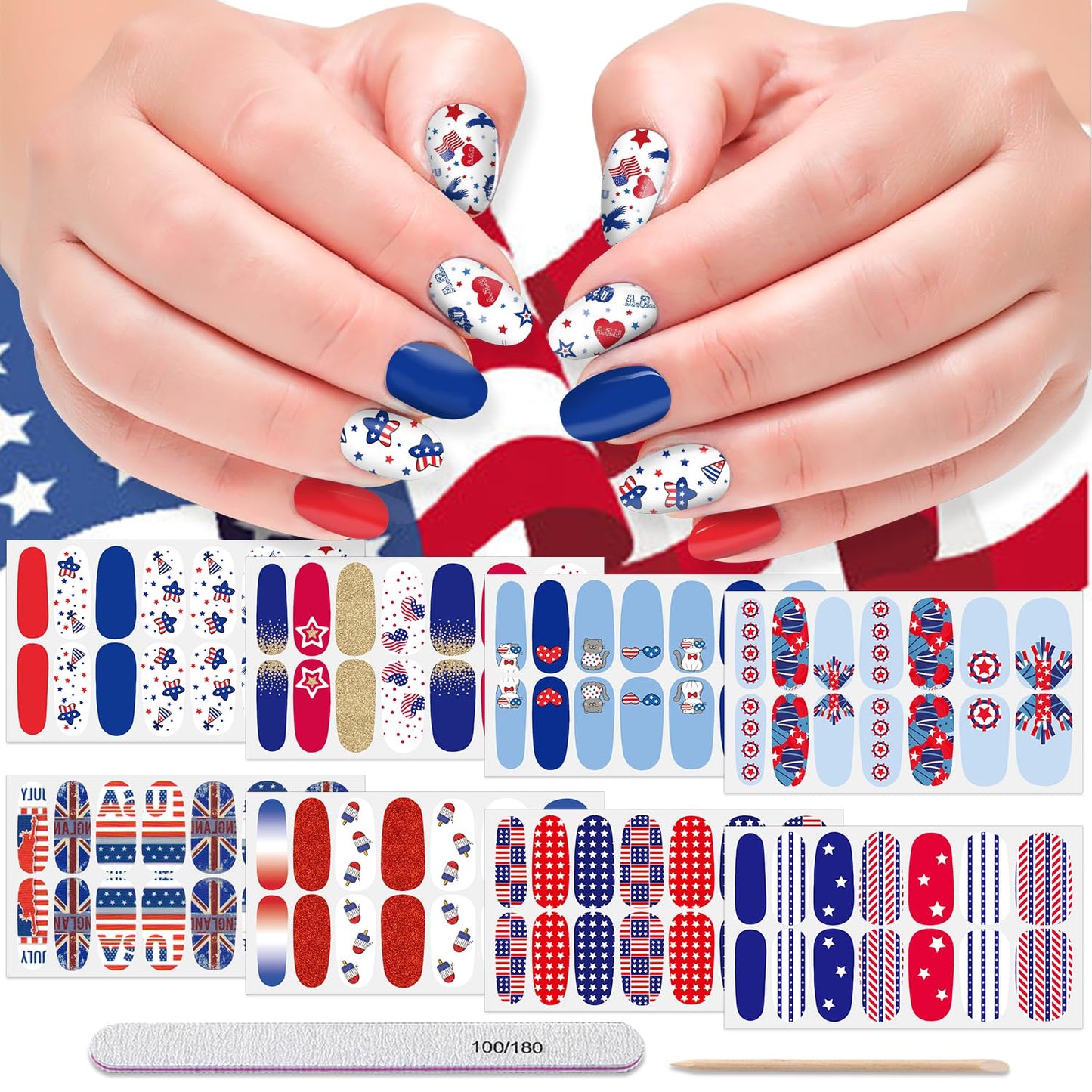 DANNEASY 8 Sheets 4th of July Independence Day Nail Wraps Nail Polish Stickers for Women Nail Polish Strips Self Adhesive Fingernail Stickers Stick on Nails with Nail File, Cuticle Stick