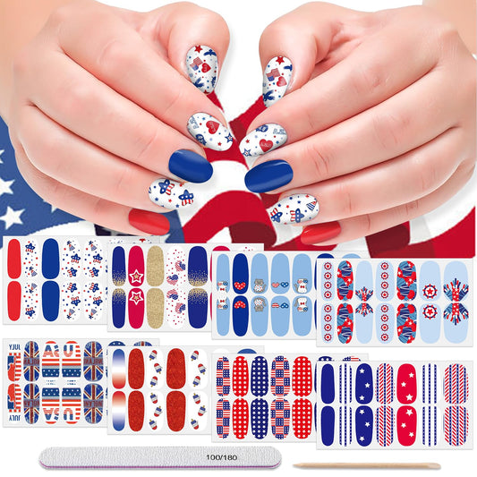 DANNEASY 8 Sheets 4th of July Independence Day Nail Wraps Nail Polish Stickers for Women Nail Polish Strips Self Adhesive Fingernail Stickers Stick on Nails with Nail File, Cuticle Stick