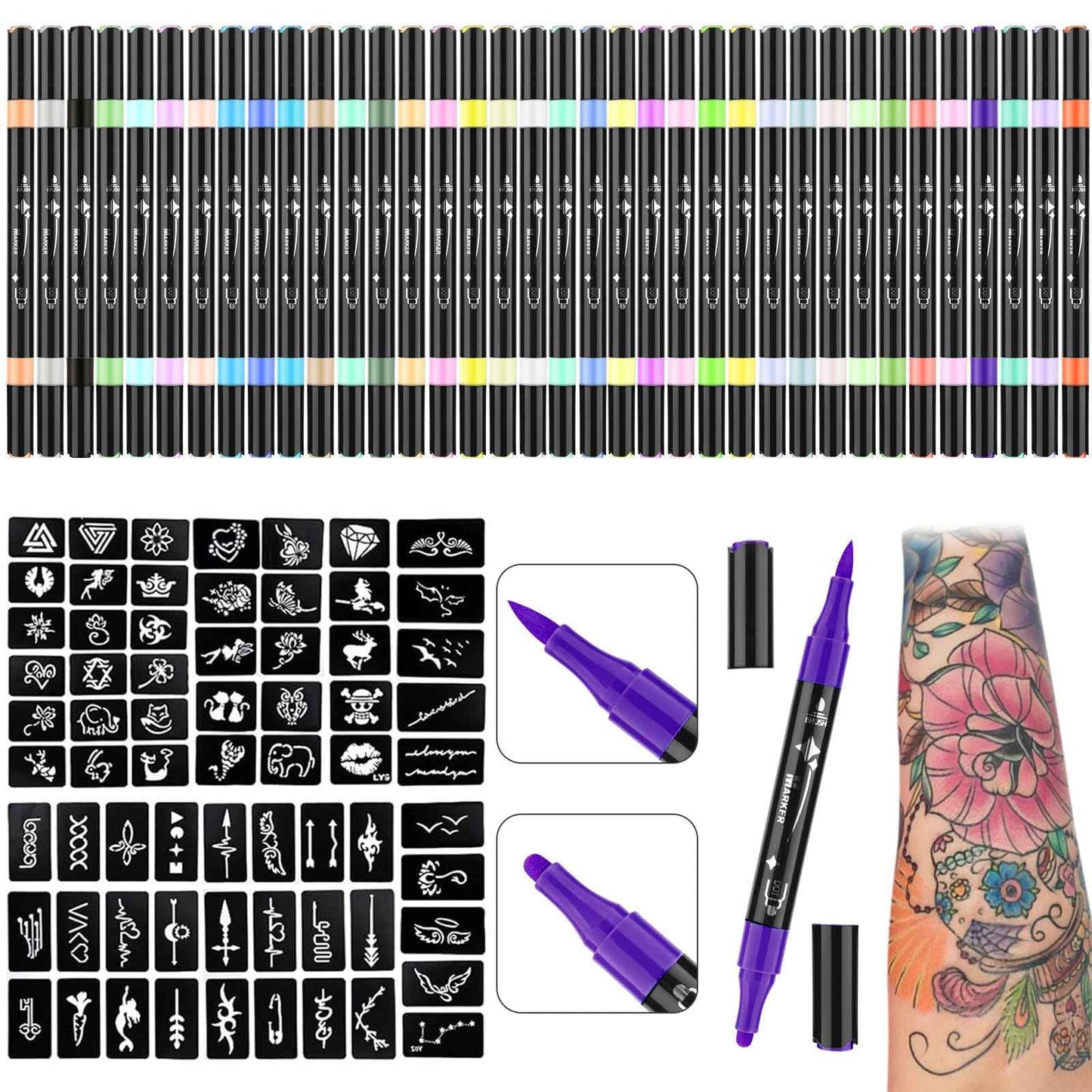 Ponhey Temporary Tattoo Markers for Skin, 36 Body Markers+67 Large Tattoo Stencils,Dual-End Tattoo Pens,Fine Lines with Cosmetic-Grade,Flexible, Skin-Safe Face Paint Kit for Kids Teenage Adults