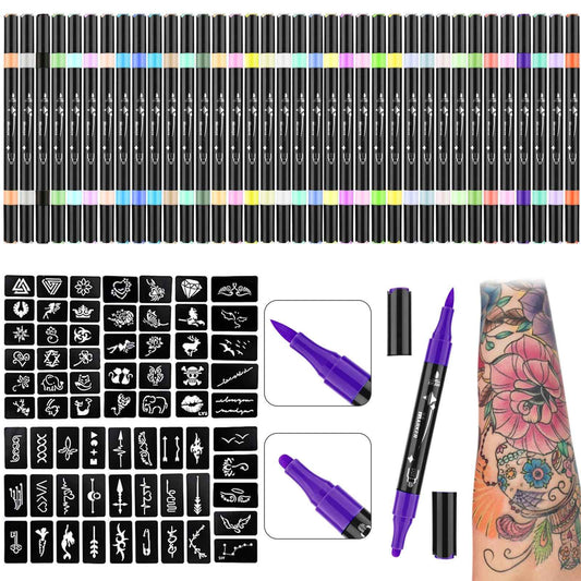 Ponhey Temporary Tattoo Markers for Skin, 36 Body Markers+67 Large Tattoo Stencils,Dual-End Tattoo Pens,Fine Lines with Cosmetic-Grade,Flexible, Skin-Safe Face Paint Kit for Kids Teenage Adults