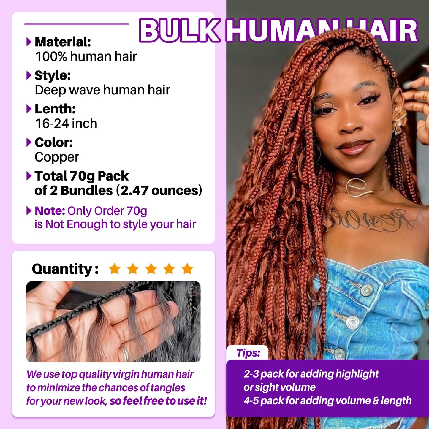 Human Braiding Hair for Boho Braids, Deep Wave Bulk Boho Braids Human Hair for Boho Knotless Braids Curly Bohemian Water Wave Braiding 70g 16 Inch Copper (2 No Weft Bundles/Pack)