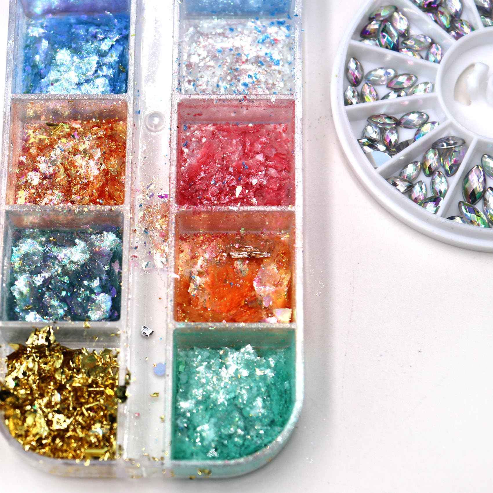 Holographic Nail Glitter 12 Grids Opal Glitter Powder Nail Charms Eye Rhinstones Mermaid Iridescent Nail Sequins Flakes Gold Silver Nail Foil for Nail Art Deisgn Kit for Christmas Halloween