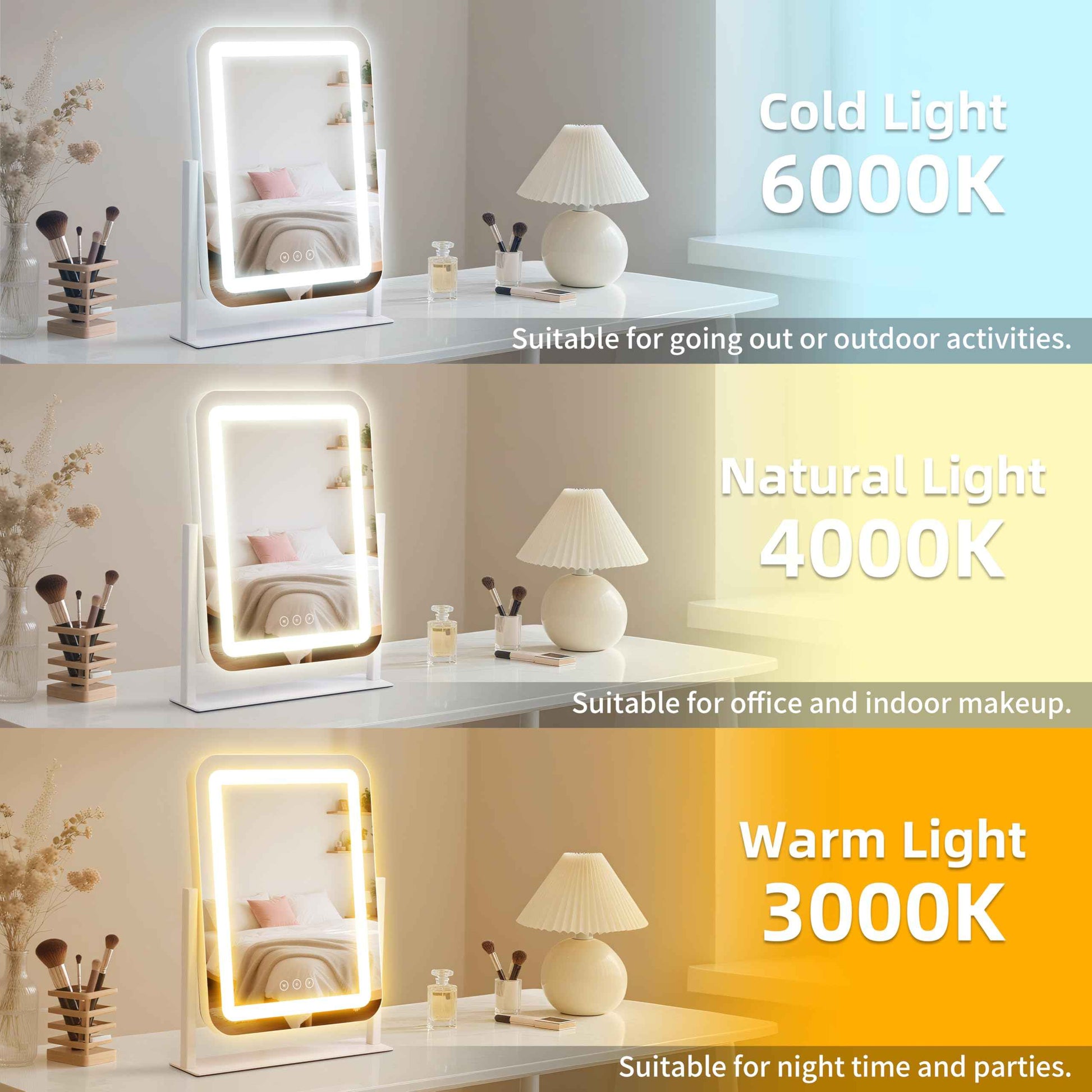 Vanity Mirror with Lights,13.1"×16.7"LED Makeup Mirror,Lighted Makeup Mirror with Lights, Smart Touch Control Dimmable 3 Modes Light, Lighted Up Mirror for Makeup Desk, Bedroom, Dressing Room