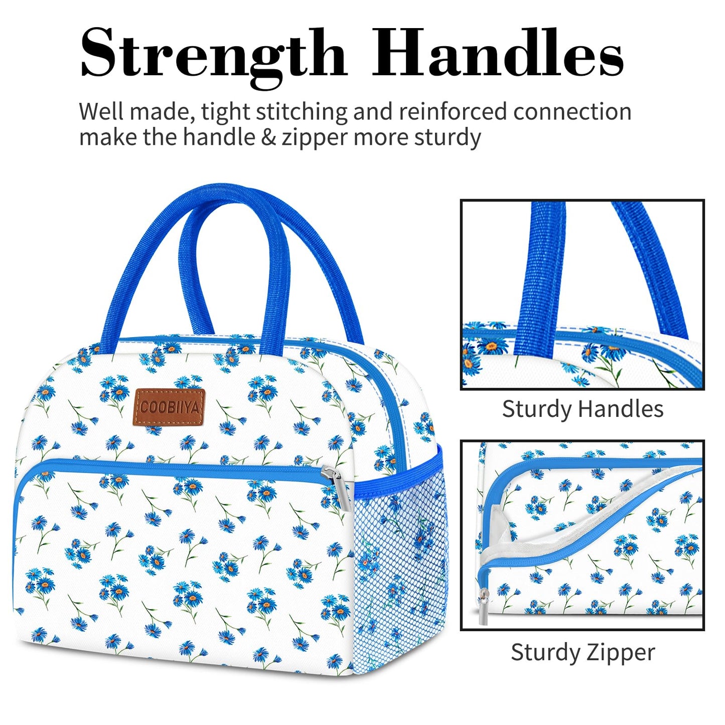 Coobiiya Lunch Bag Women, Lunch Box Lunch Bag for Women Adult Men, Small Leakproof Cute Lunch Tote Large Capacity Reusable Insulated Cooler Lunch Container for Work/Office/Picnic/Travel-Blue Daisy