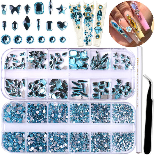 BELICEY Nail Art Rhinestones Lake Blue Flatback Round Rhinestones Charms Nail Gem Stones with K9 Bling Glass Crystals Diamonds Jewelry for Nail Design DIY Crafts Face Decoration