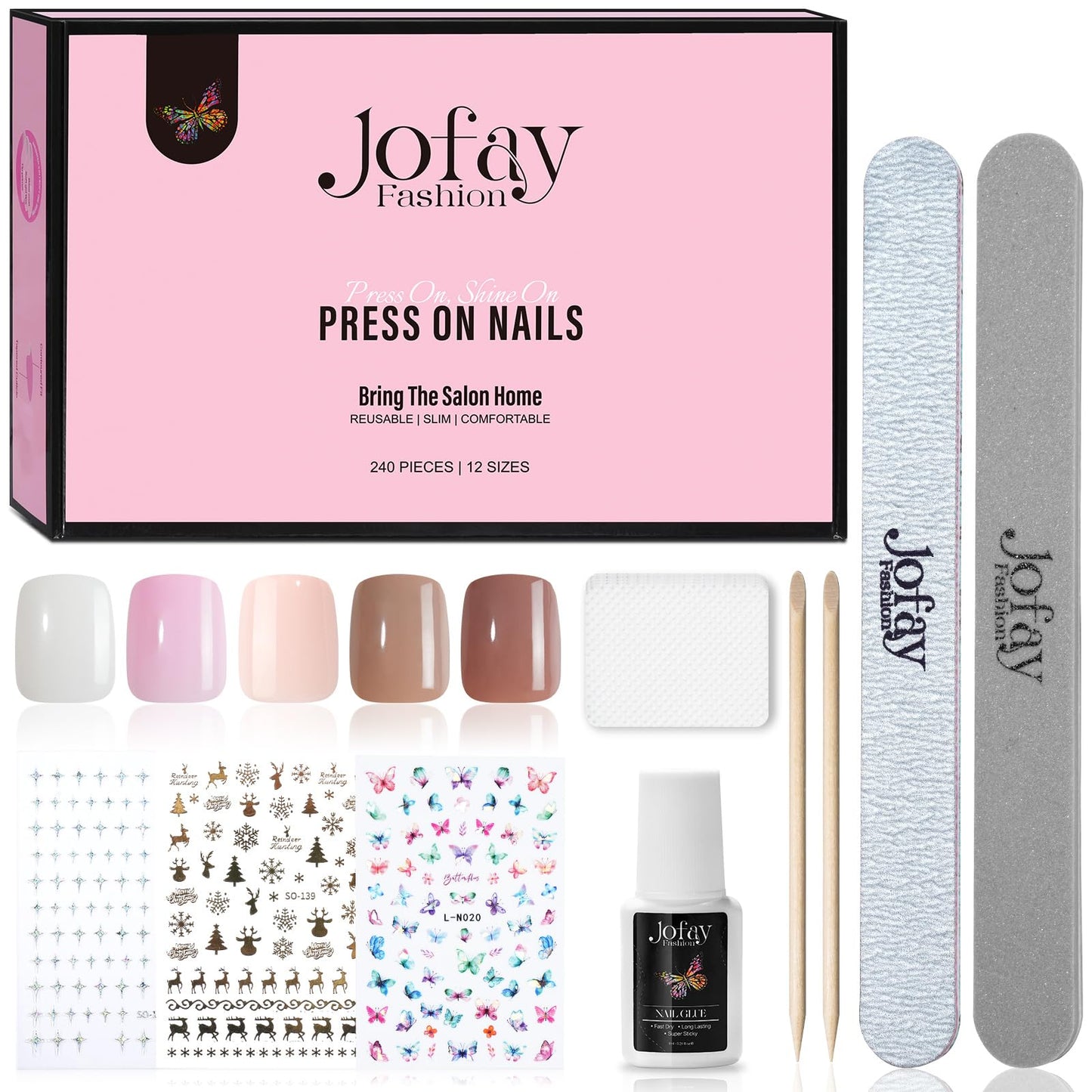 Jofay Fashion False Nails Tips, 240 Pcs Nails Press On Nails Short - Square Press On Nails Set Acrylic Nails, Glossy Glue On Nails with Nail Glue, 12 Sizes Soft Gel Fake Nails Fit Perfectly Nails