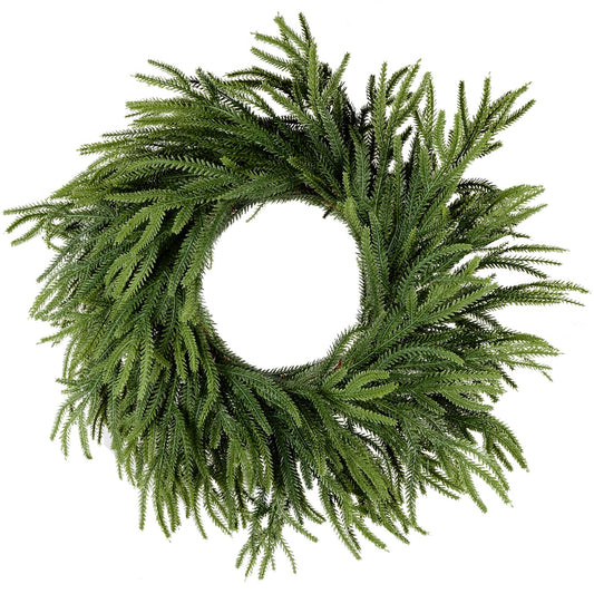 24 Inch Christmas Wreath for Front Door, Norfolk Pine Wreath for Home Porch Window Wall Farmhouse Decor Indoor Outdoor, Green Wreath Front Door Wreath