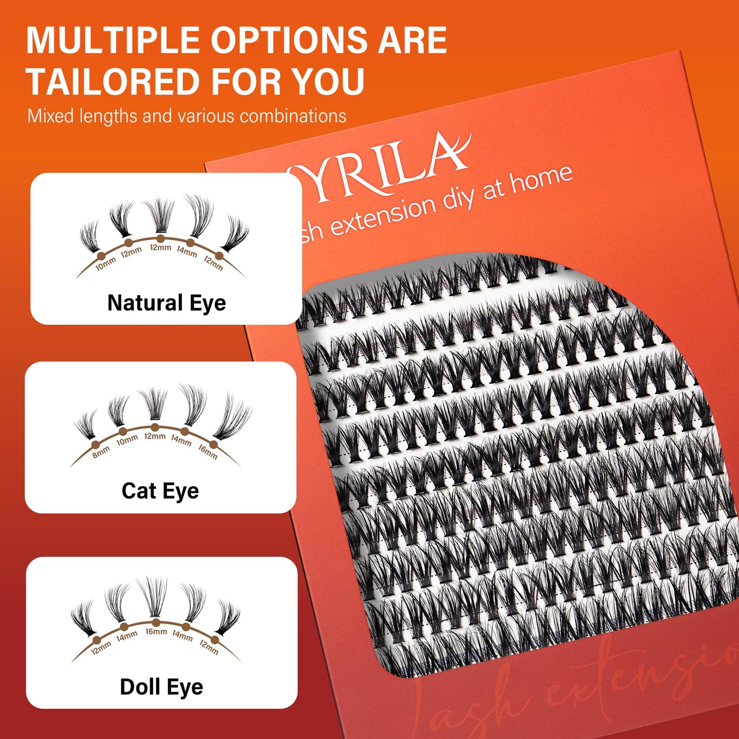 VYRILA Lash Cluster 240pcs Individual Lashes,8-16mm Diy Lash Extension,D Curl Lash Clusters Wispy,3D Natural Lash Clusters Look Like Eyelash Extension DIY at Home (Orange 40P-D-8-16mix)