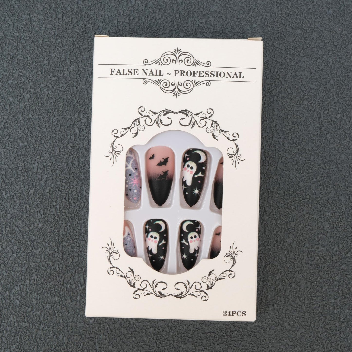 Halloween Press on Nails Almond Medium Fake Nails Black French Matte Spiderweb False Nails with Ghost Bat Designs Glue on Nails Artificial Acrylic Stick on Nails for Women - 24Pcs