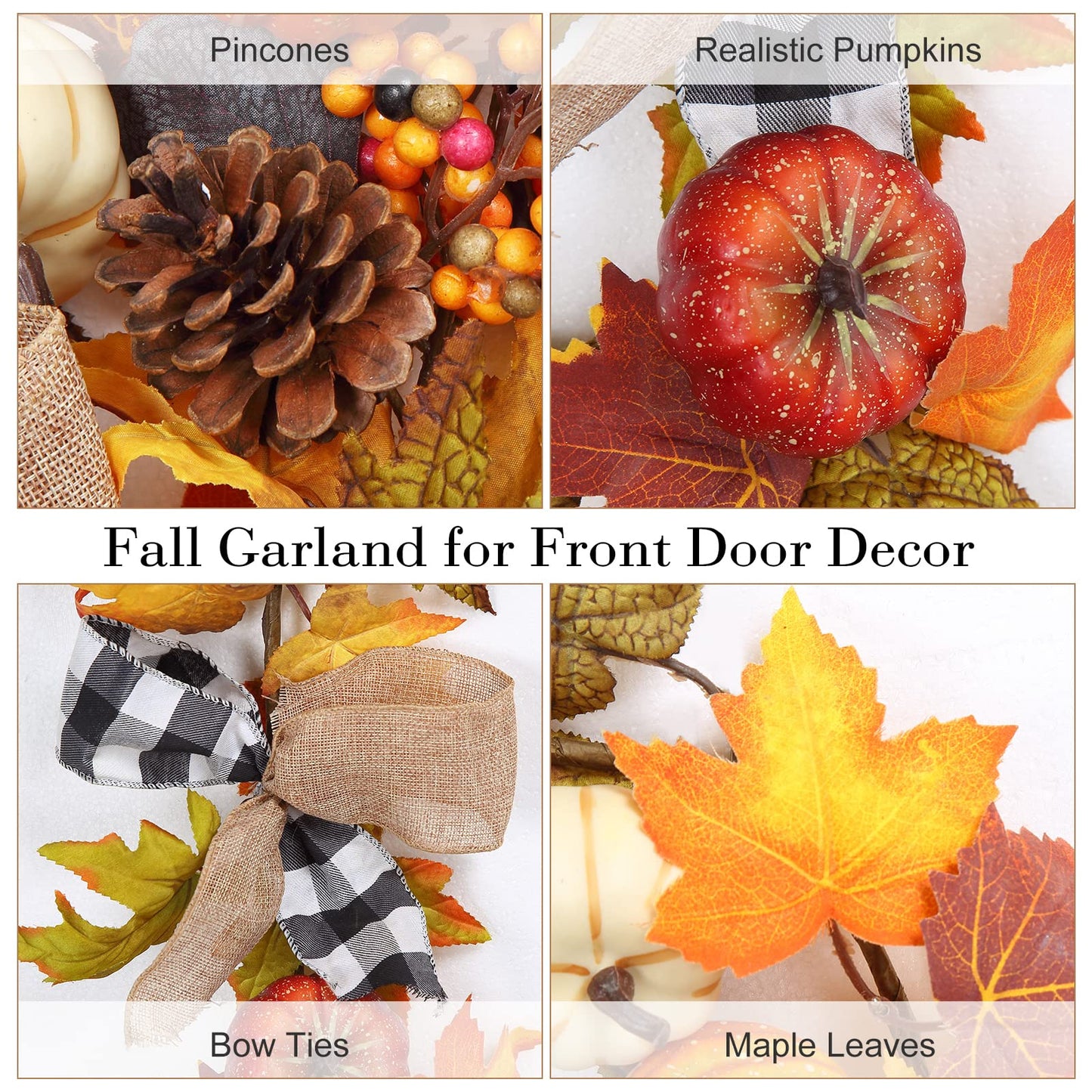 Adeeing 6 Ft Thanksgiving Fall Garland Decor, Artificial Autumn Garlands with Pumpkins, Maple Leaves, Ribbon and Pine Cone for Indoor Outdoor Fireplace Window Home Decoration