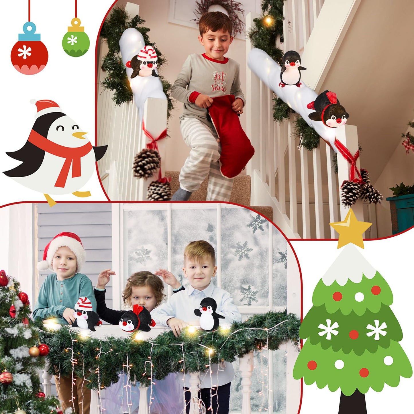 Liliful Set of 3 Penguin Stairway Holiday Decoration Resin Penguin Decor Sliding Winter Penguins in Snow Carpet with LED Lights and 20 Ribbons for Christmas Handrail Decoration Banister Stairway Gift