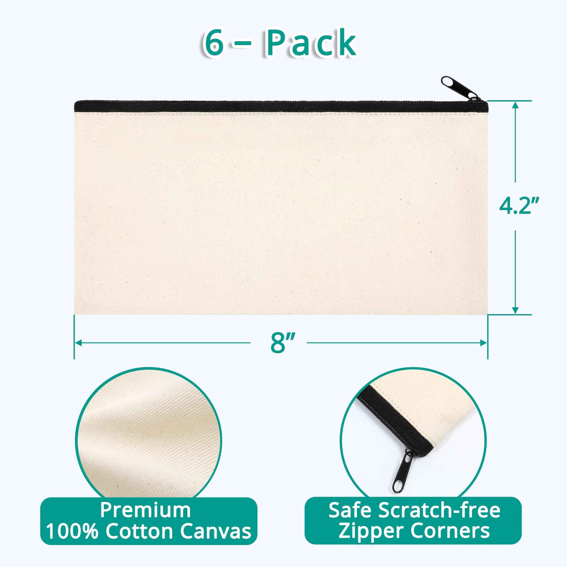 Phicorn Small Canvas Zipper Pouch – 6-Pack (8" x 4.2") Blank Natural Cotton Bags with White Lining for DIY Crafts, Makeup, Travel & Everyday Organizing