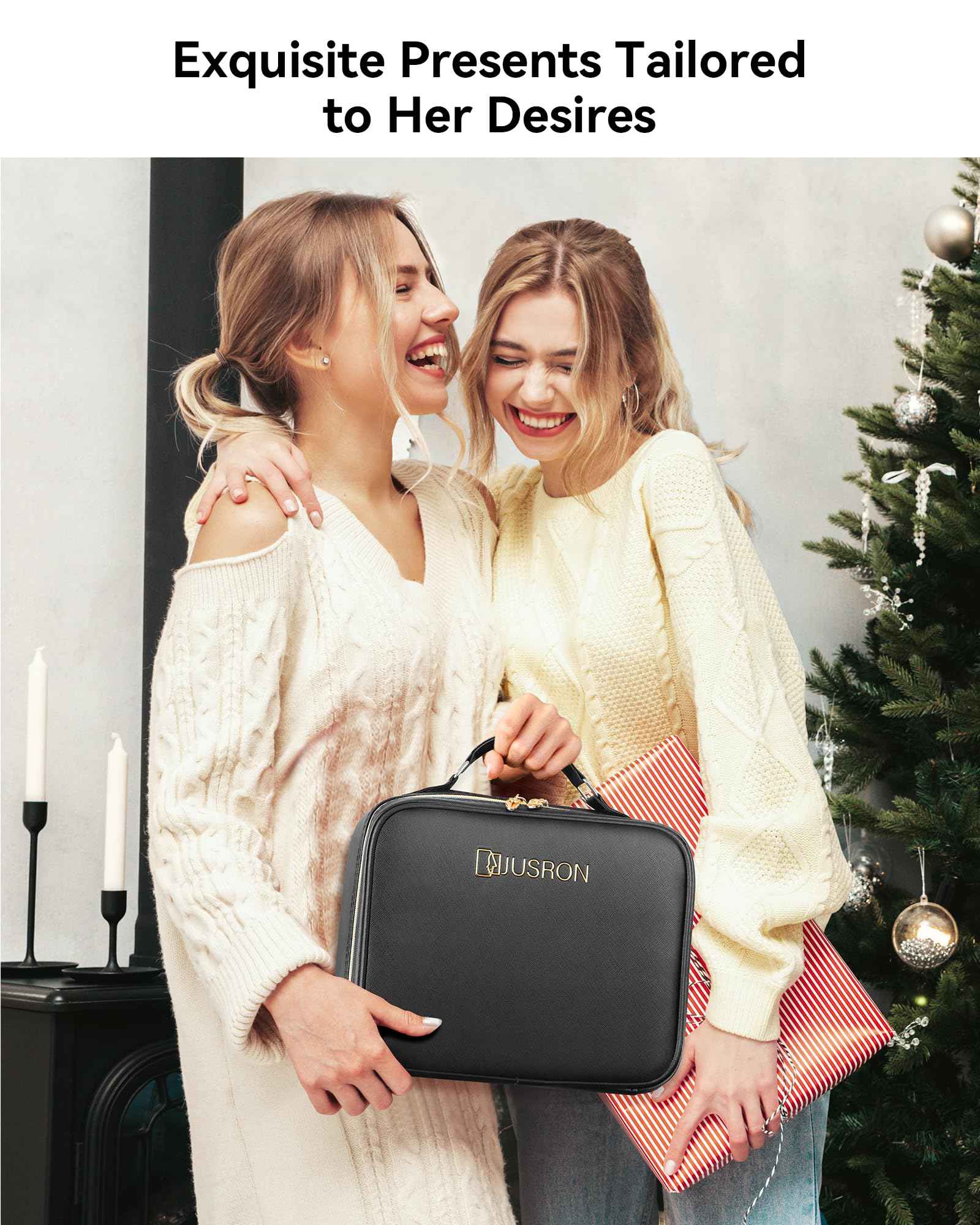 JUSRON Travel Makeup Bag With LED Mirror,Train Case with Light up Mirror, Portable Makeup Artist Organizer Bag with Adjustable Dividers (Black, Large)