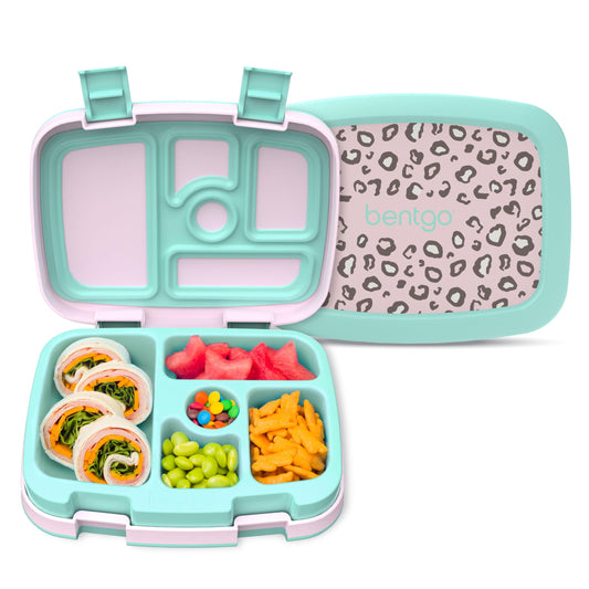 Bentgo Kids Prints Leak-Proof, 5-Compartment Bento-Style Kids Lunch Box - Ideal Portion Sizes for Ages 3-7, Durable, Drop-Proof, Dishwasher Safe, & Made with BPA-Free Materials (Leopard)