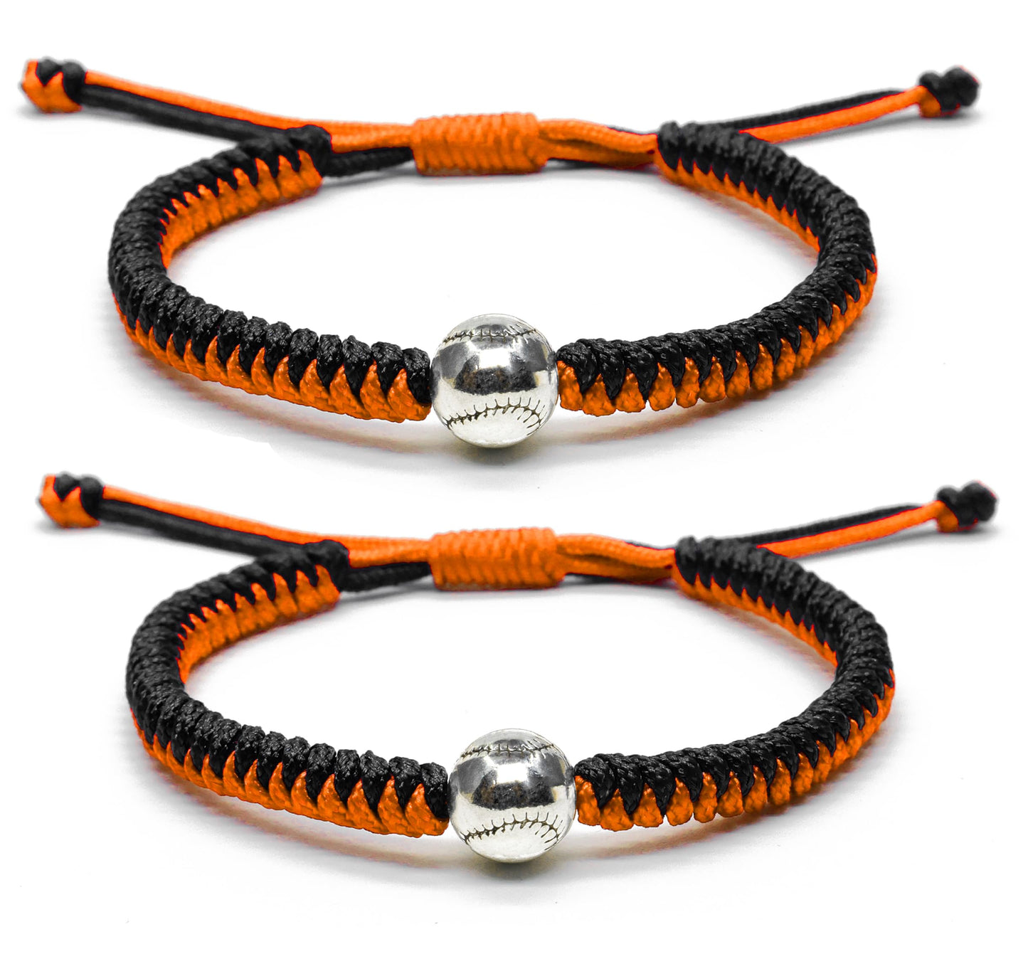 Handmade Braided Bracelets Baseball Gifts for Boys Adjustable Wristbands with Baseball Beads, Inspirational Baseball Bracelets for Girls Teens Adults (Black Orange 2PCS)