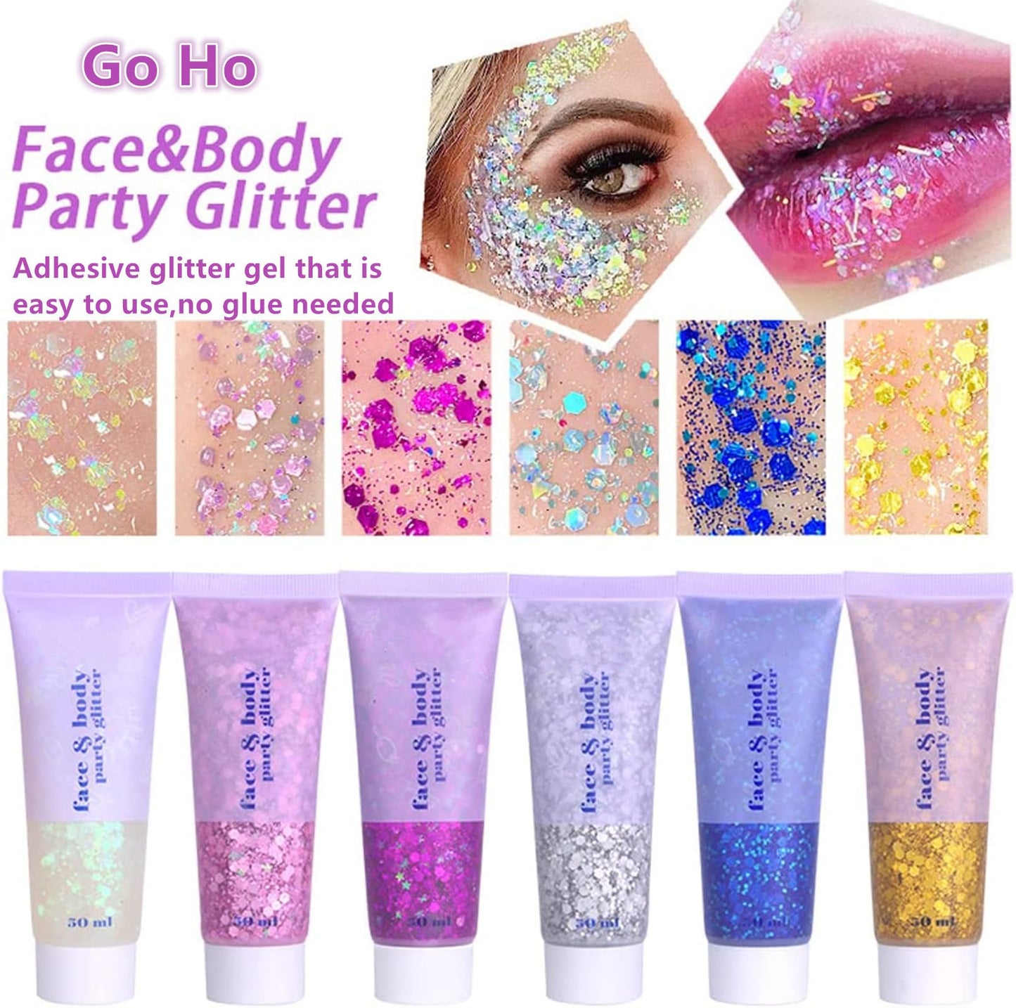 Go Ho Christmas Body and Face Glitter,Mermaid Glitter Face Paint,Holographic Long Lasting Chunky Sequins Glitters,Reflective Glitter Makeup,Festival Rave Accessories