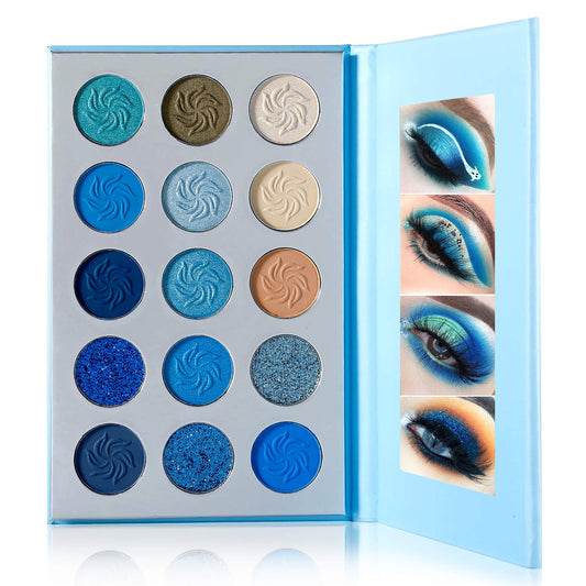 DE'LANCI Space Blue Eyeshadow Palette 15 Color Cosmetics Pressed Pigment Christmas Snowflake Eye Shadow Pallete Matte Shimmer Glitter Drama Makeup Eye Shadow Powder Long Lasting Blue Makeup Pallet