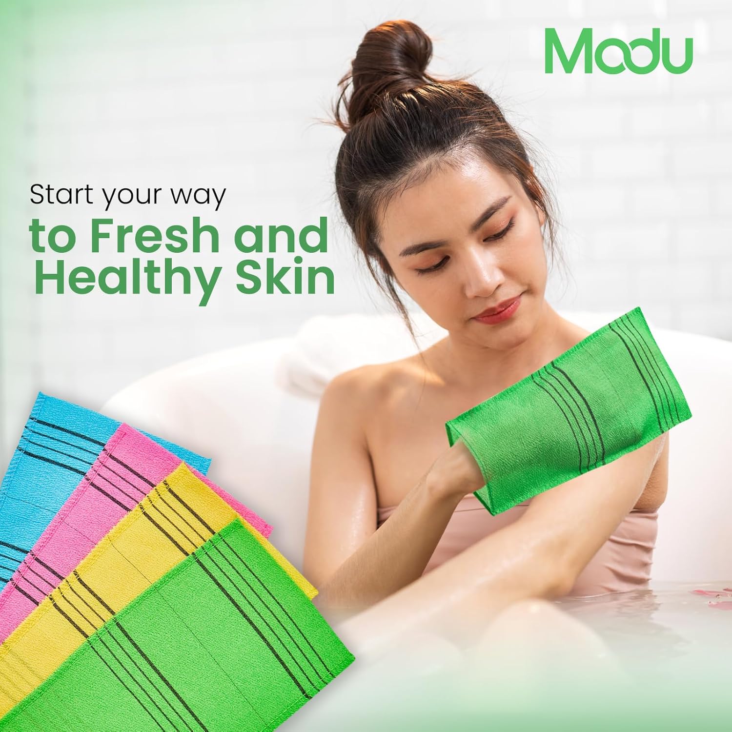 Modu 4 Pcs Korean Exfoliating Mitt Bath Washcloth 9.1 x 6 in - Asian Italy Towel (Large 4Pcs Green SkyBlue Pink Yellow)
