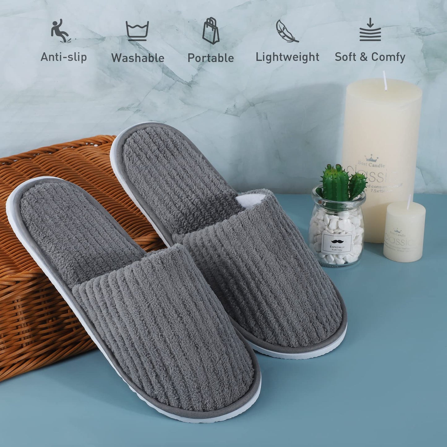 Elcoho 12 Pairs Closed Toe Spa Slippers Coral Fleece Washable Disposable Home Slippers for Women Men Guests Hotels House Slippers Housewarming Indoors Bathroom Party Traveling, Grey