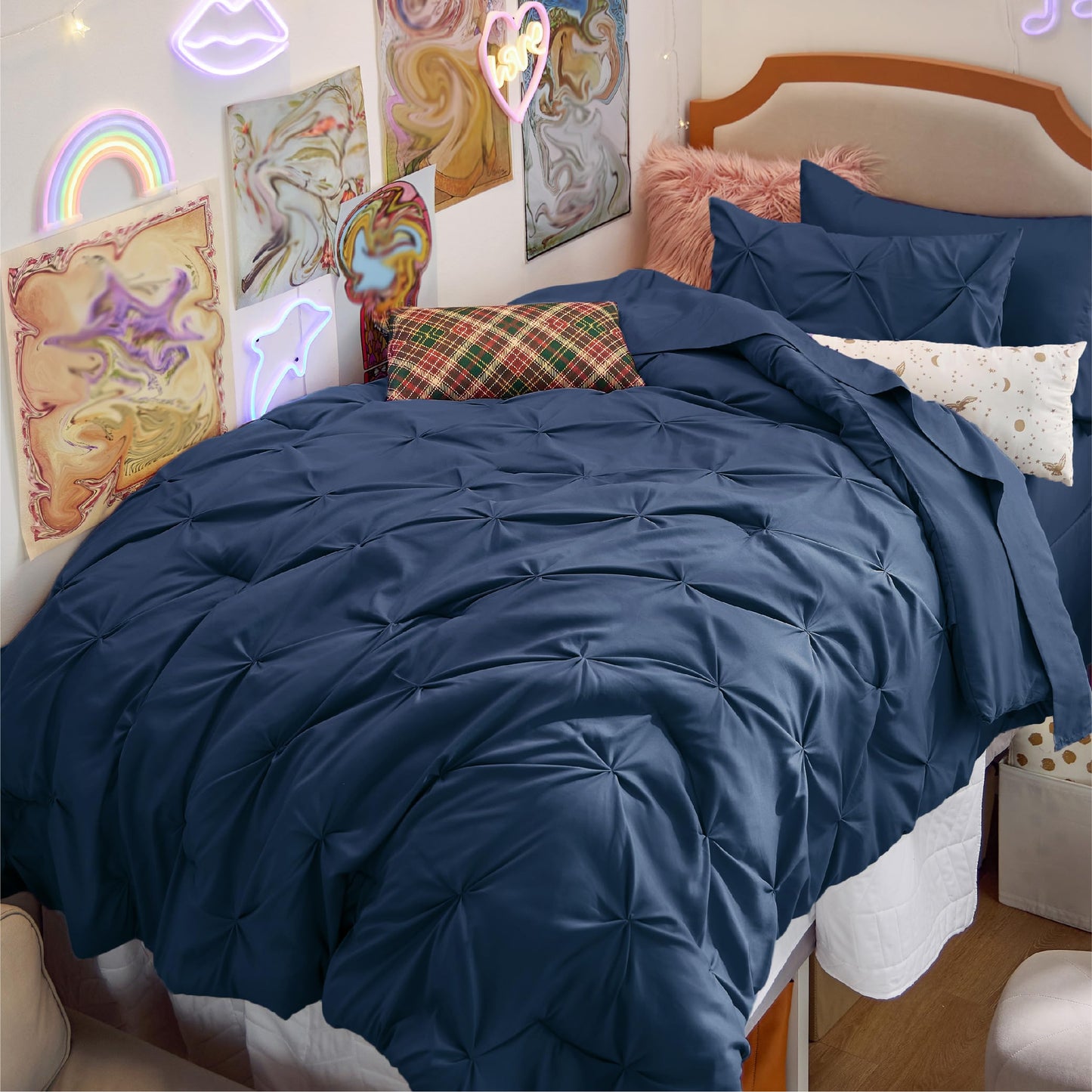 Bedsure Twin Comforter Set with Sheets - 5 Pieces Twin Bedding Sets, Pinch Pleat Navy Blue Twin Bed in a Bag with Comforter, Sheets, Pillowcase & Sham