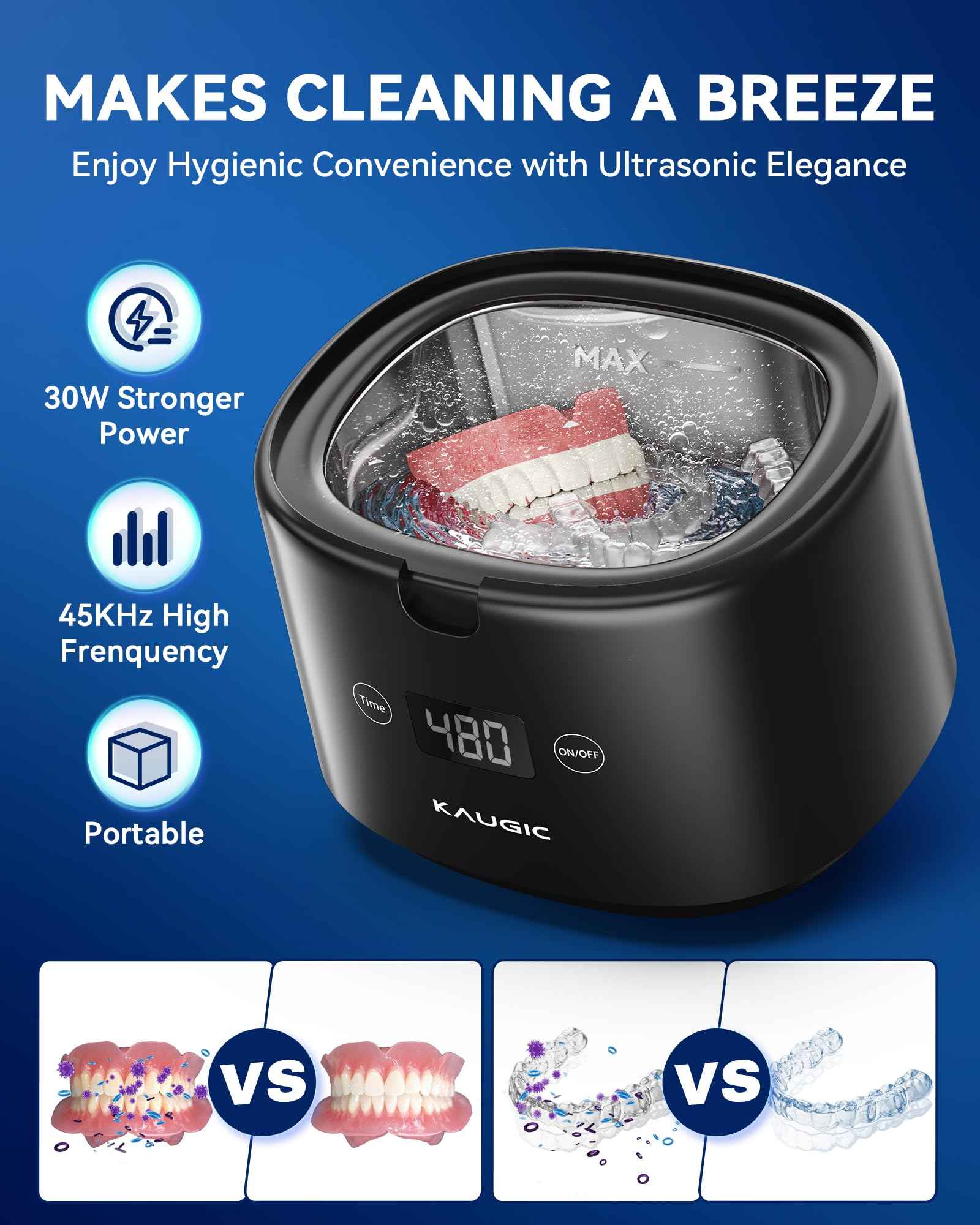 Ultrasonic Retainer Cleaner with Upgraded MCU, 30W/45kHz, 230ML Portable Ultrasonic Cleaner for Retainers, Mouth Guards, Dentures, Invisalign, Jewelry -Black