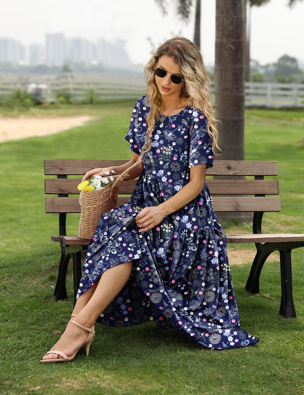 YESNO Women Casual Loose Bohemian Floral Dress with Pockets Short Sleeve Long Maxi Summer Beach Swing Dress S EJF CR424