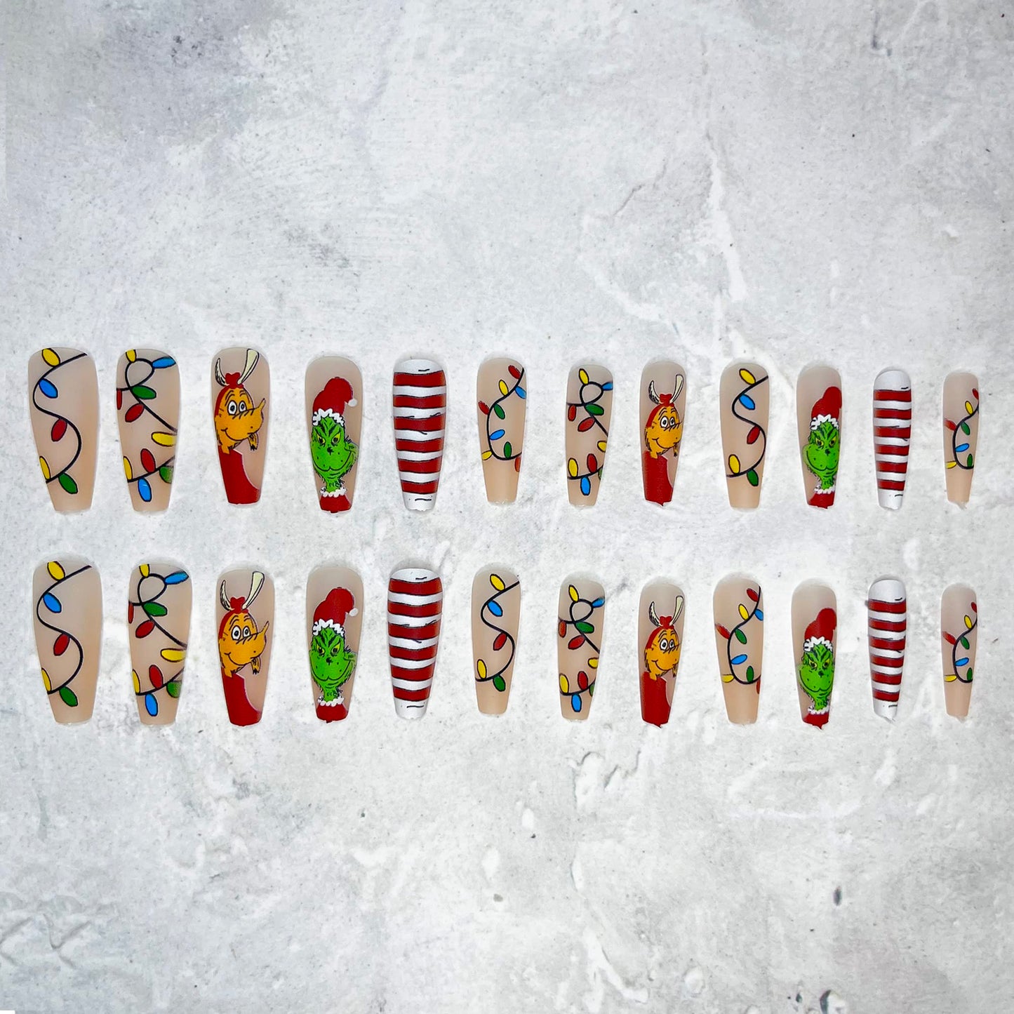 Christmas Press on Nails,Long Coffin Fake Nails Cartoon Red Full Cover False Nails with Design Grinch Winter Stick on Nails Xmas Artificial Acrylic Nails Christmas Nail Decorations Supplies for Women