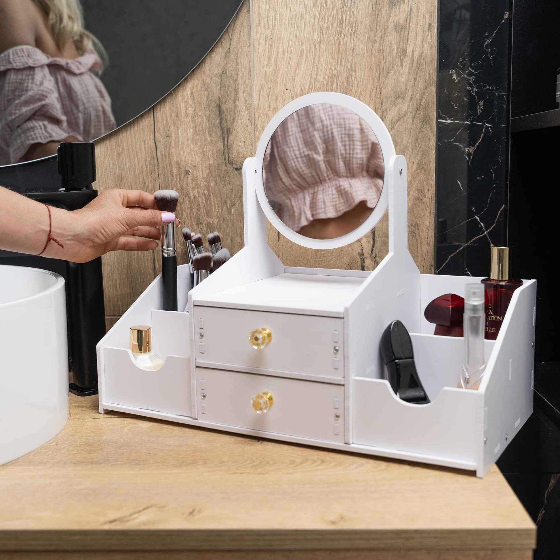 Domovina Wooden Makeup Organizer – Countertop Makeup Organizers with Mirror, Drawers – Cosmetic Organizer for Brushes, Skincare – Elegant Make Up Storage Holder for Vanity, Bathroom, Dresser