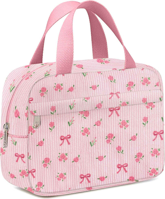 Chicarries Small Makeup Bag for Purse Cute Corduroy Cosmetic Pouch with Zipper Travel Toiletry Bag for Women(Flower bow pink)