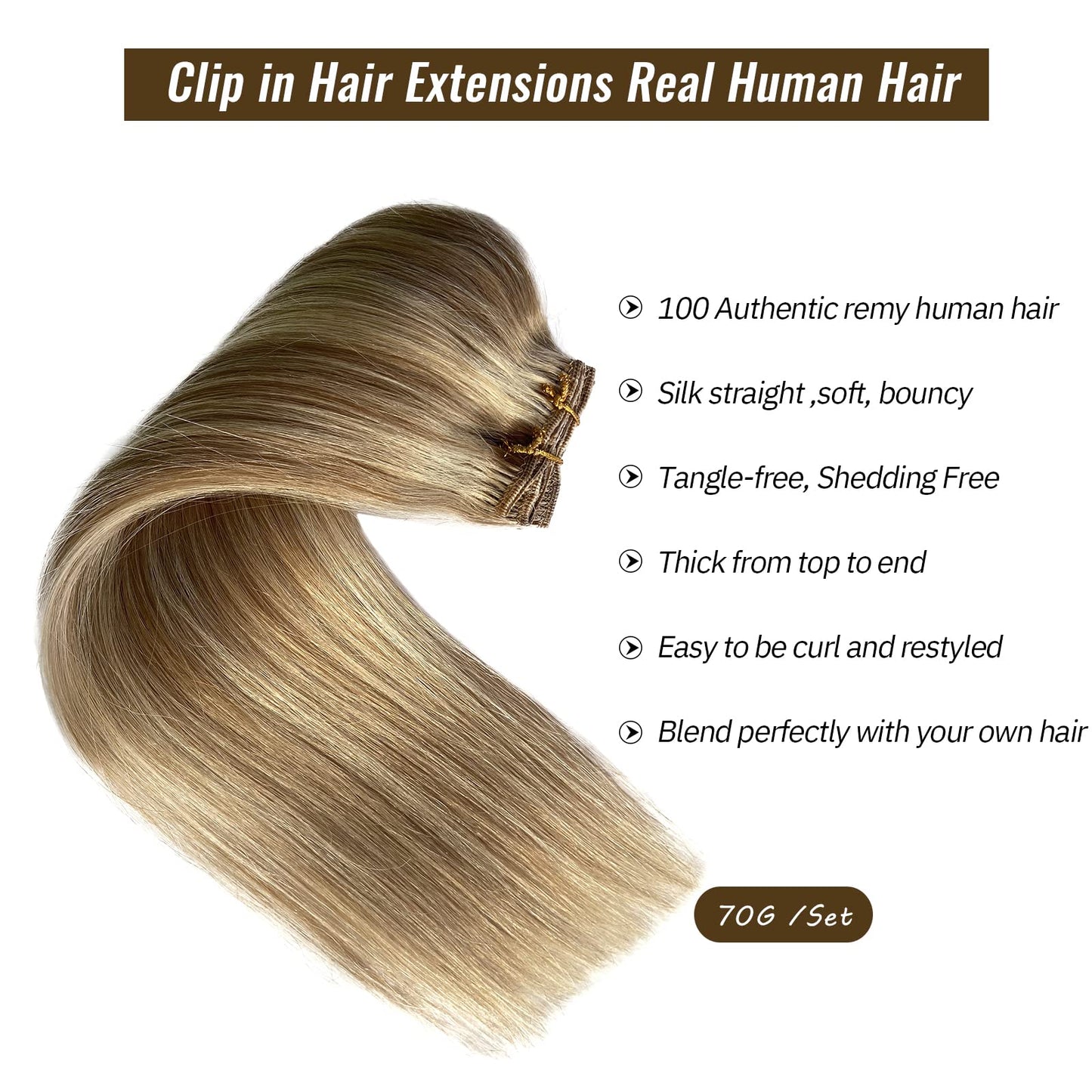 Hair Extensions Real Human Hair Clip ins, Remy Human Hair Clip in Extensions 7 Pieces 70G Golden Blonde to Light Blonde Highlights Double Wefts Clip in Hair Extensions for Fine Hair Women 16 Inch